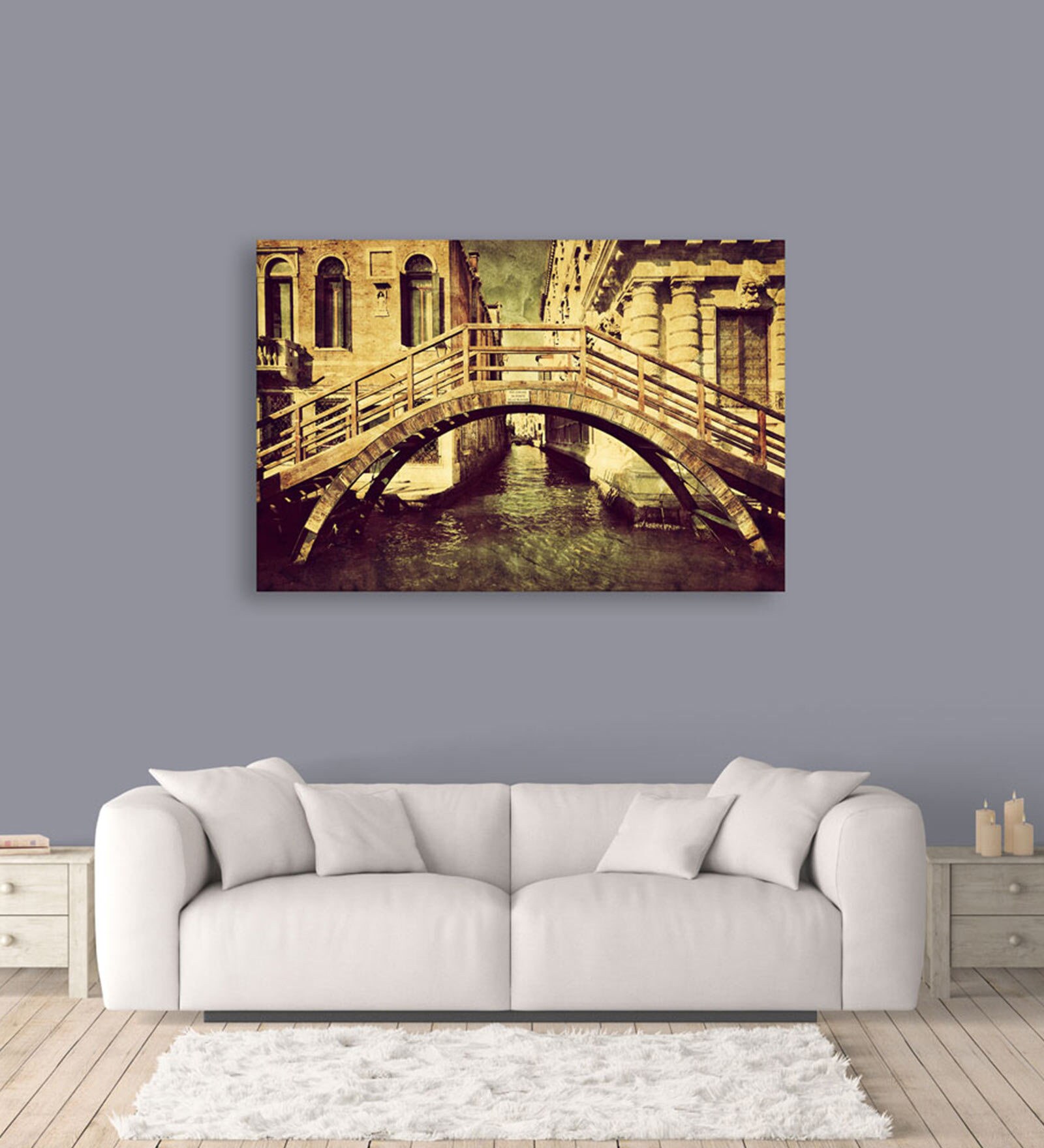 Destination Bridge In Beige Canvas Framed Art Print (33 x 21 Inches)
