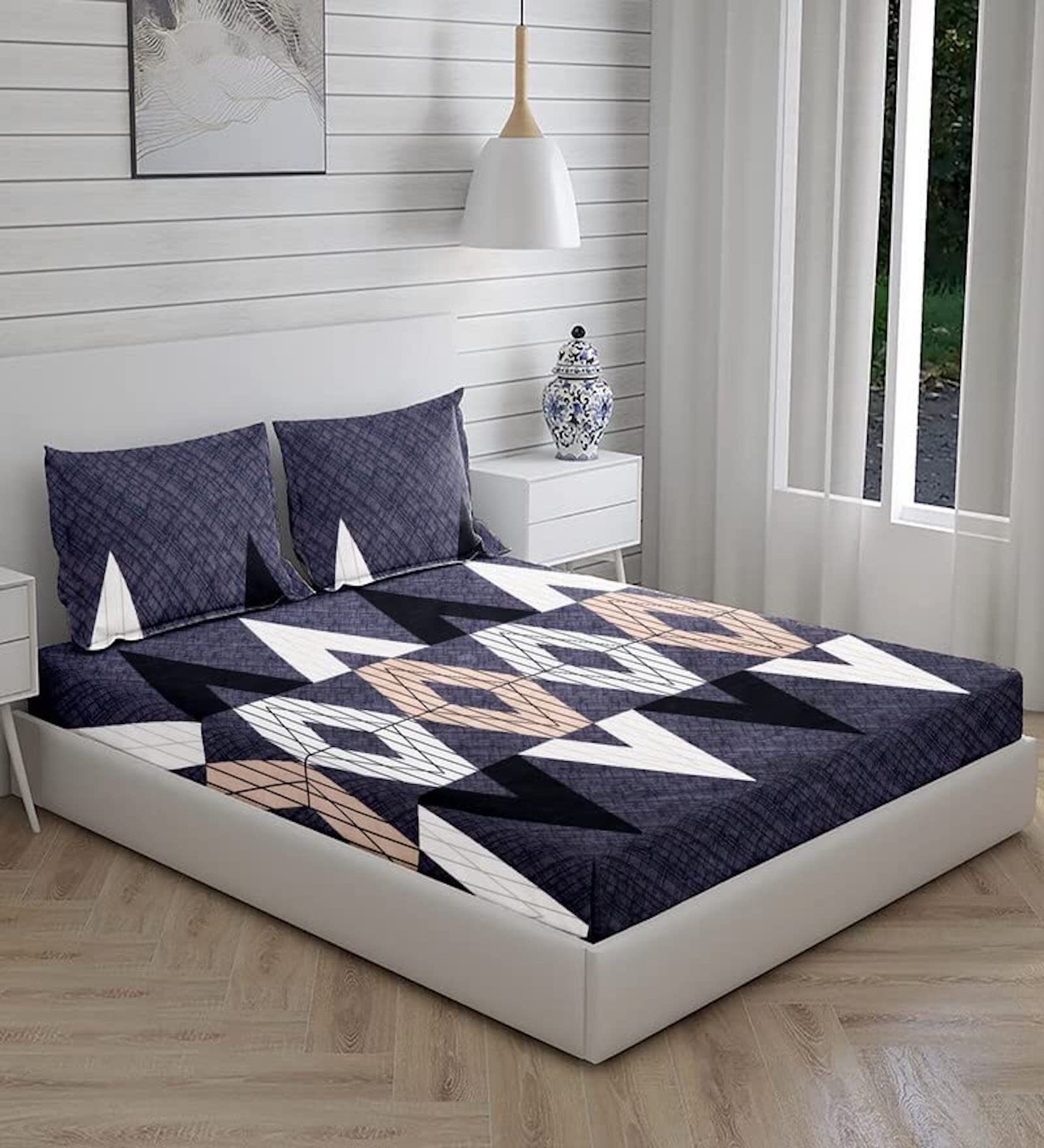 Multicolor Geometric 144 TC Cotton Blend Double Bedsheet With 2 Pillow Covers