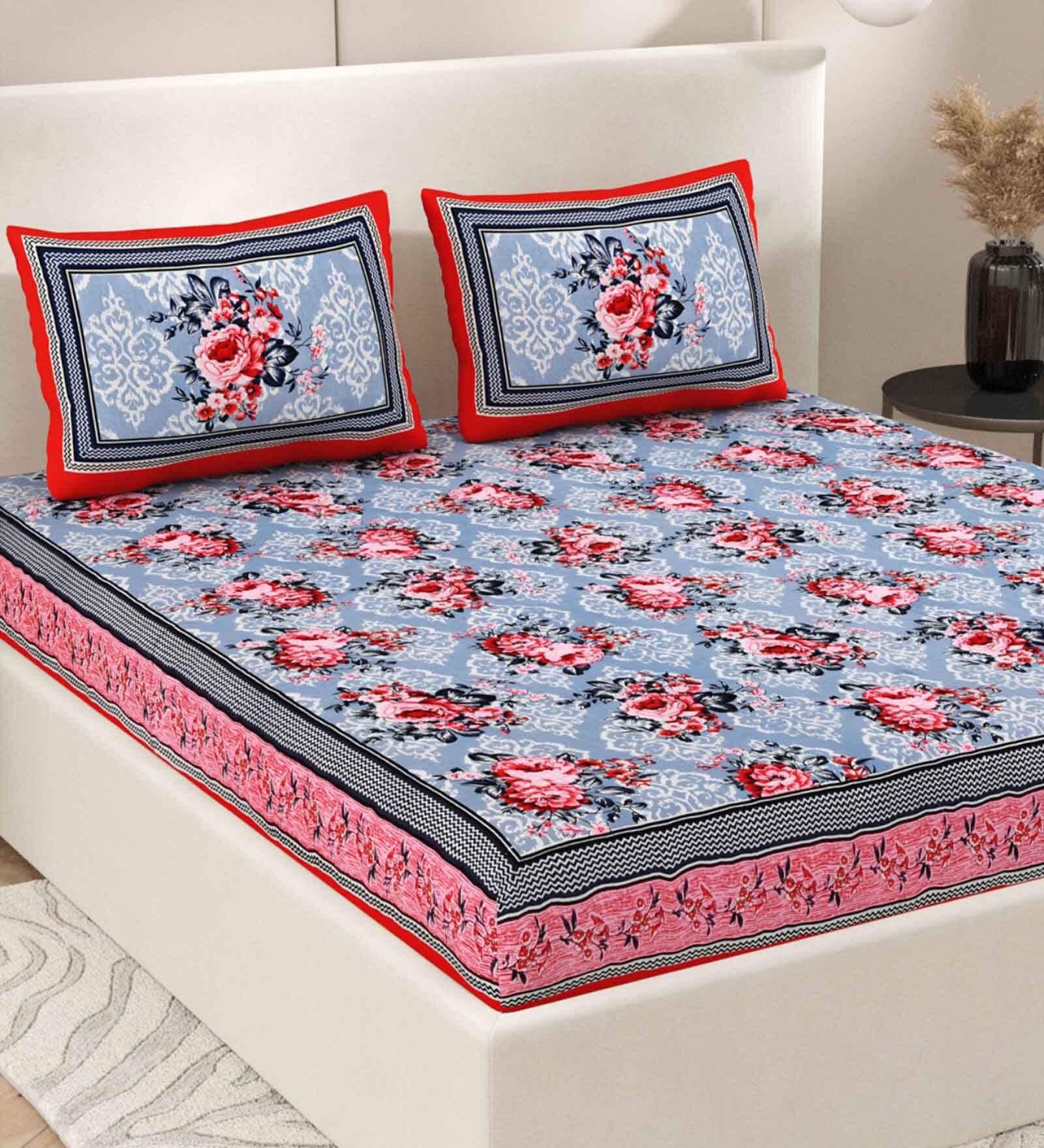 Pink Floral 200 TC Cotton Double Queen Sized Bedsheet With 2 Pillow Covers
