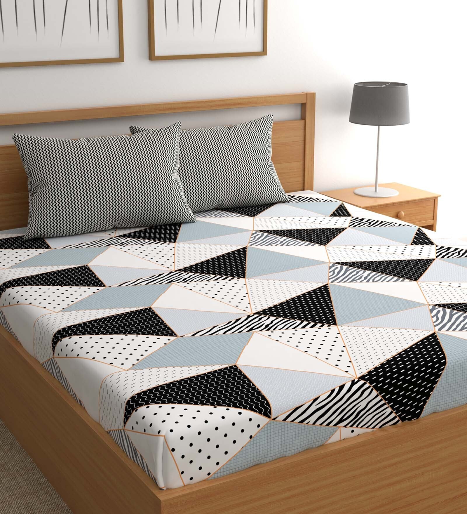 Buy Black Geometric 210 TC Microfiber Queen Sized Bed Sheets with 2
