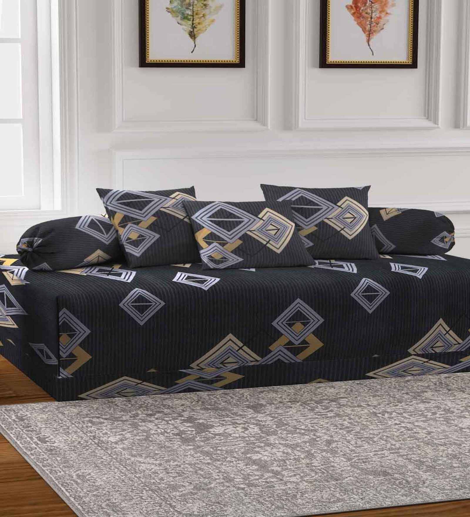 Black Geometric 210 TC Poly Cotton (Set of 6) Diwan Sets