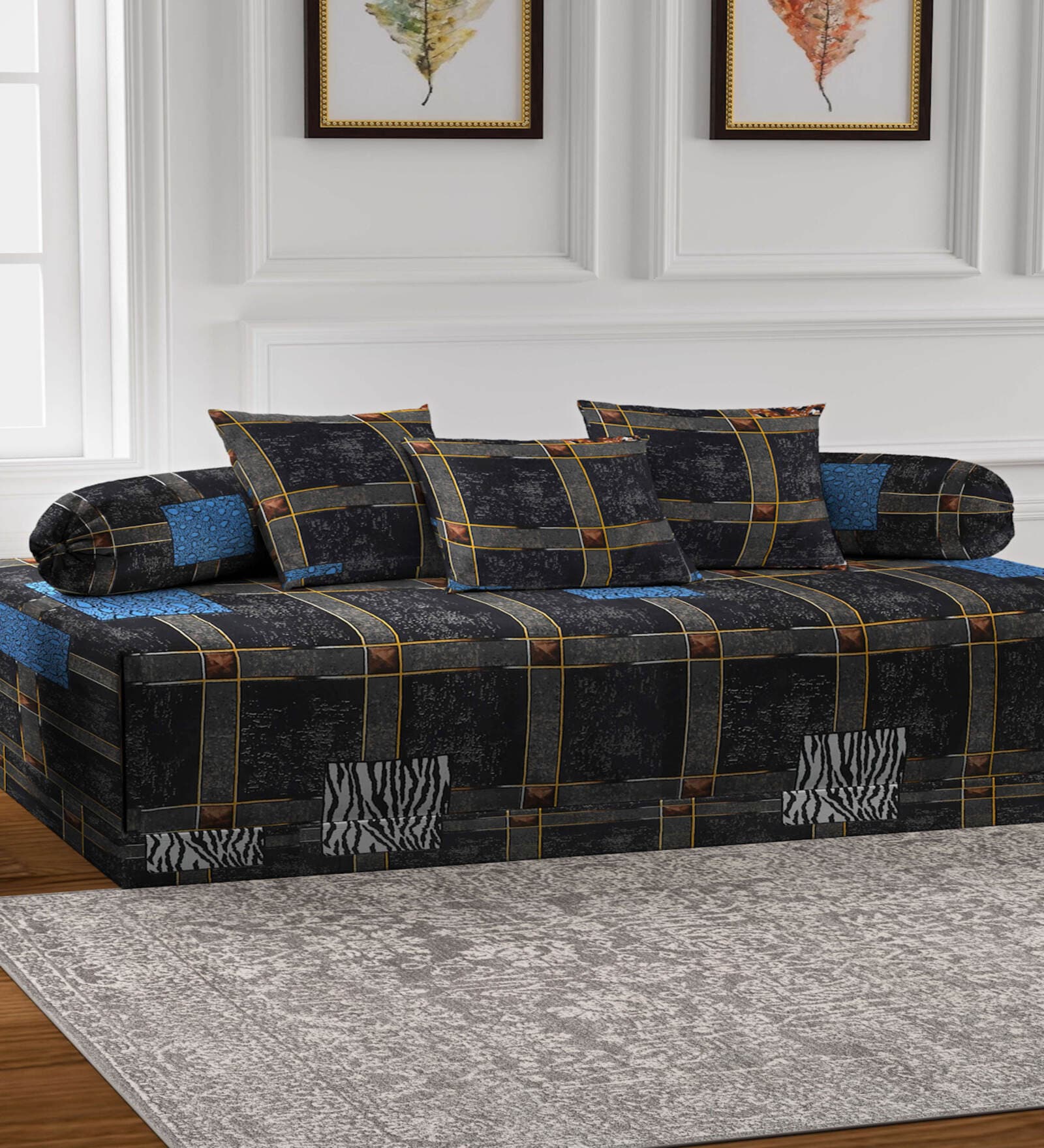 Black Geometric 210 TC Poly Cotton (Set of 6) Diwan Sets