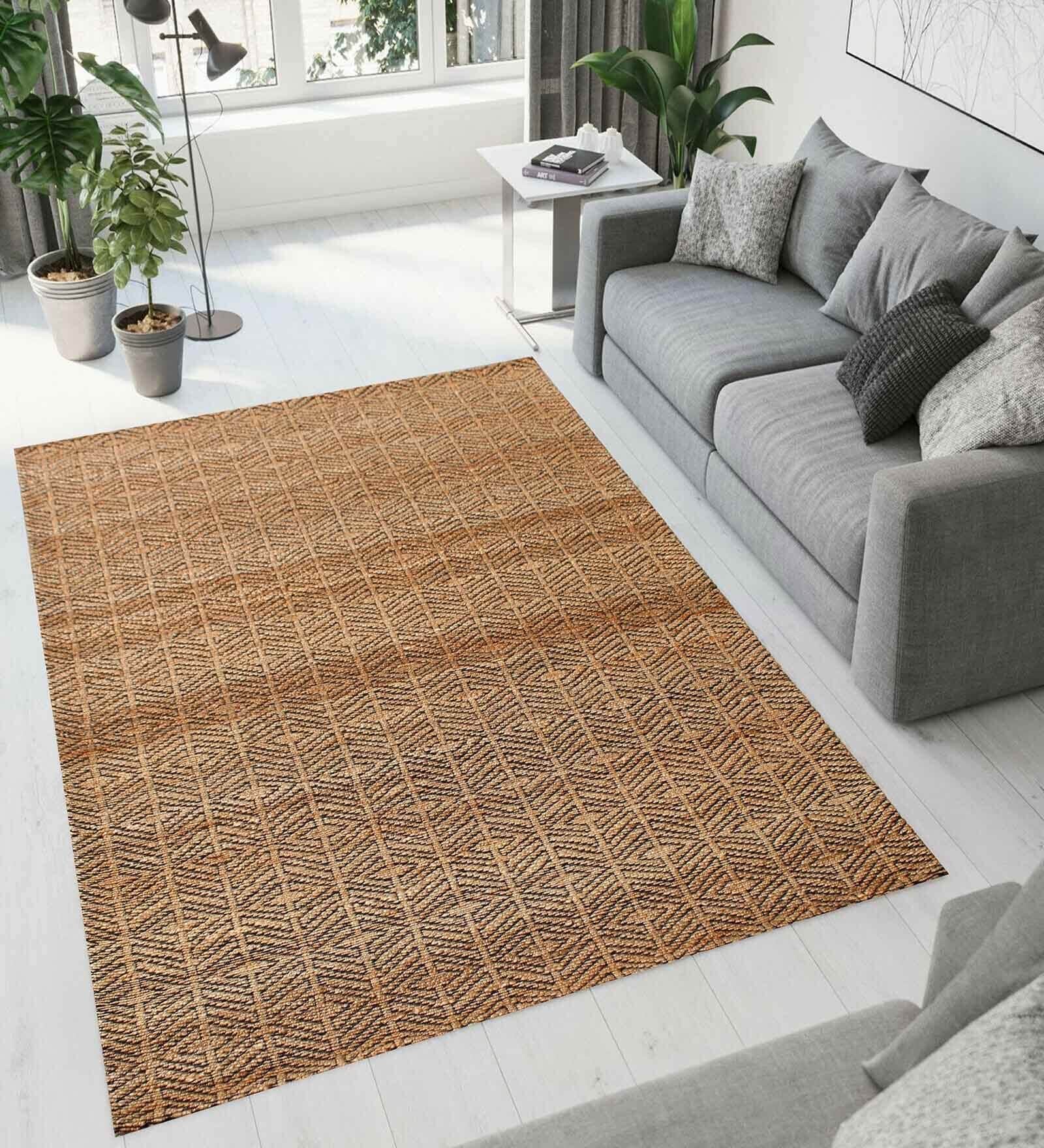 Beige Geometric Jute 5 x 7 Feet Hand Woven Carpet