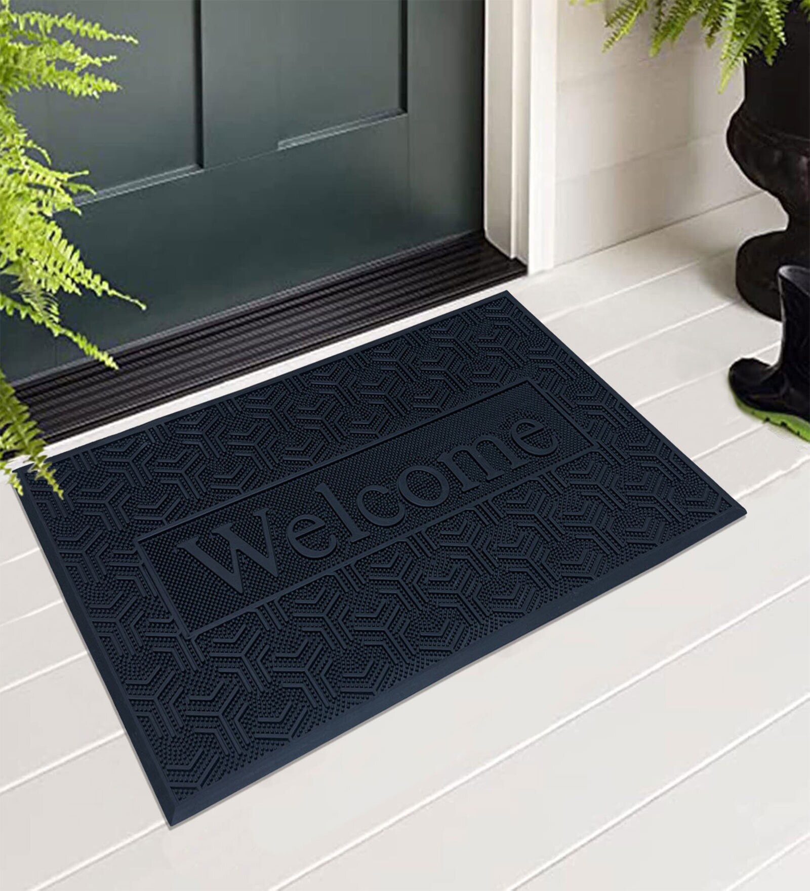 Black Geometric Microfibre 30x18 Inches Anti Skid Door Mat