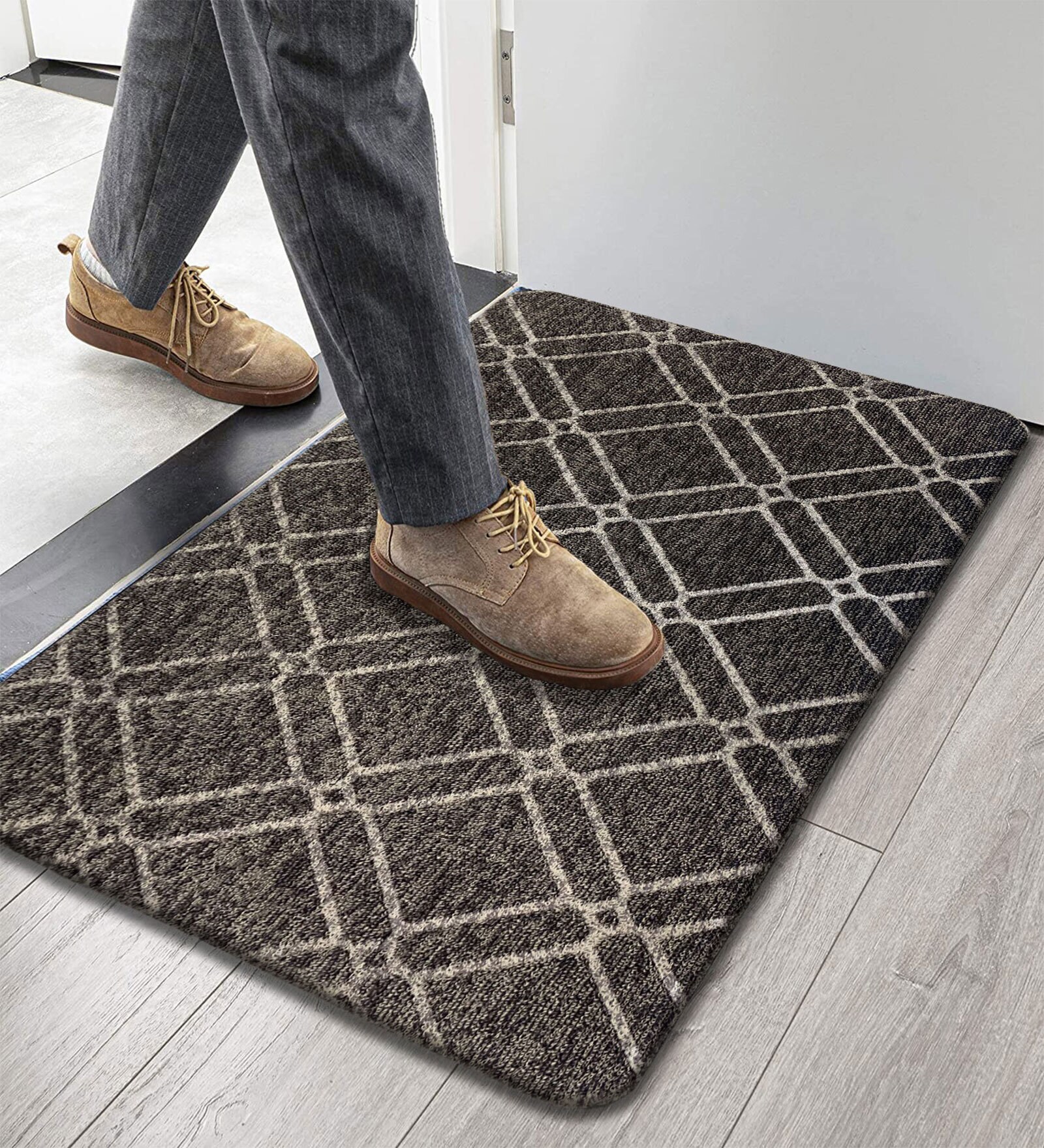 Black Geometric Microfibre 30x18 Inches Anti Skid Door Mat