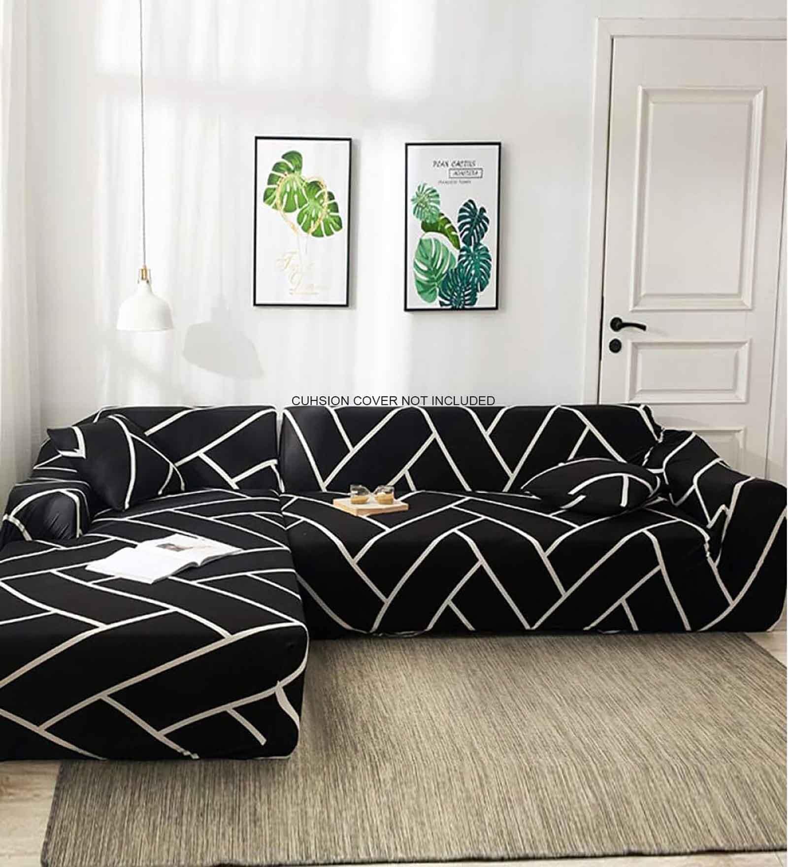 Black Geometric Viscose and Polyester (3 + Lounge) L-Shaped Stretchable Chaise Sofa Covers