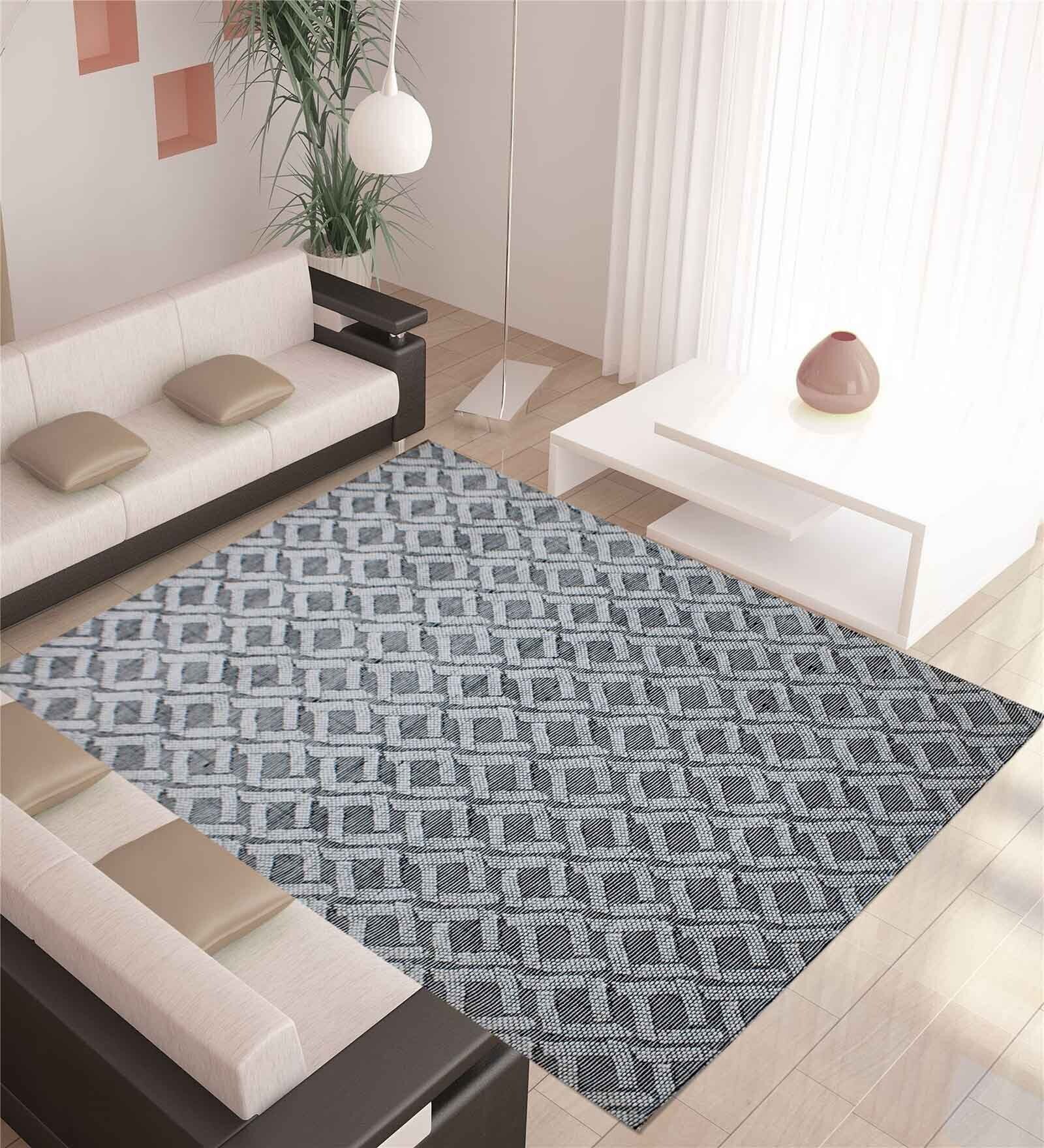 Black Geometric Wool 5 x 7 Feet Hand Woven Carpet