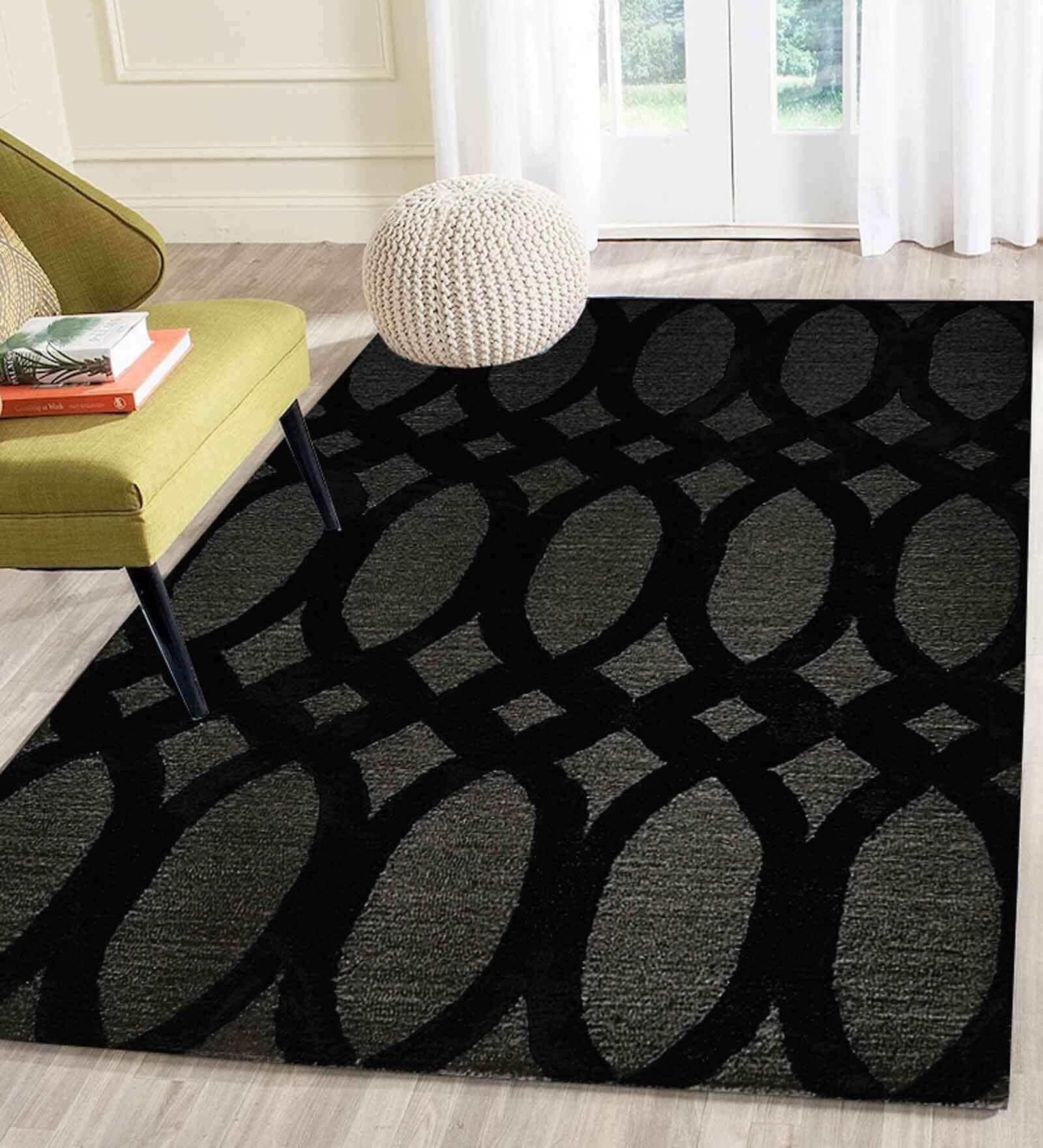 Black Geometrical Wool 5 ft x 7 ft Hand Tufted Carpet