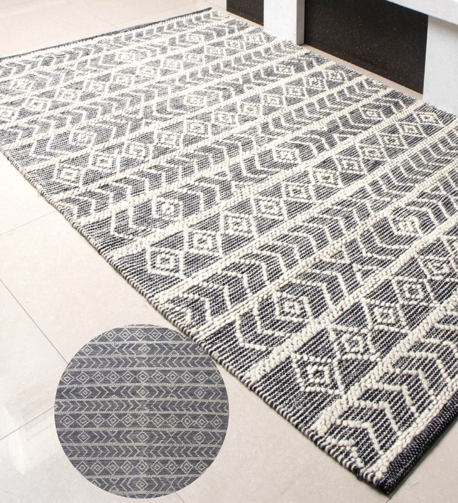 Black Geometrical Wool 8X5 Feet Hand Woven Carpet