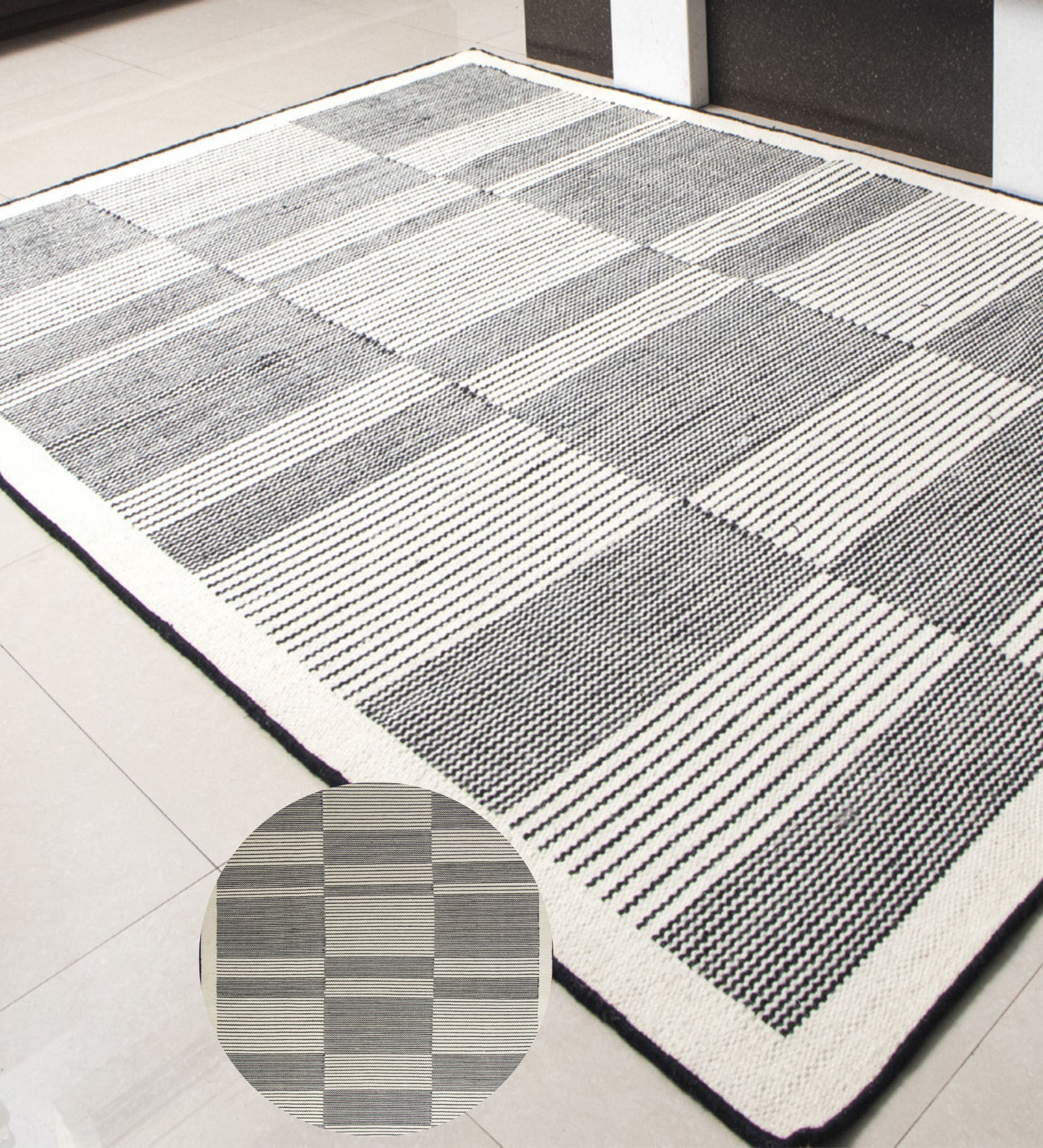 Black Geometrical Wool 8X5 Feet Hand Woven Carpet