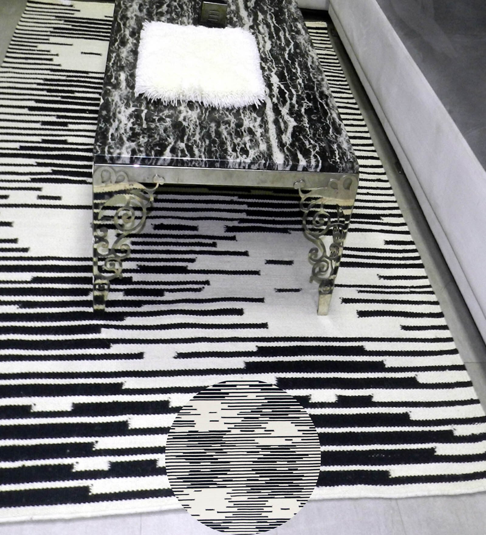 Black Geometrical Wool 8X53 Feet Hand Woven Carpet