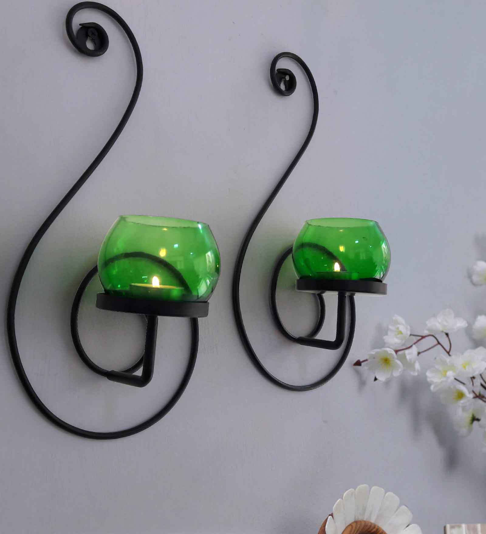 Buy Black Glass Set Of 2 Wall Hanging Stand With 2 Candle Holders By