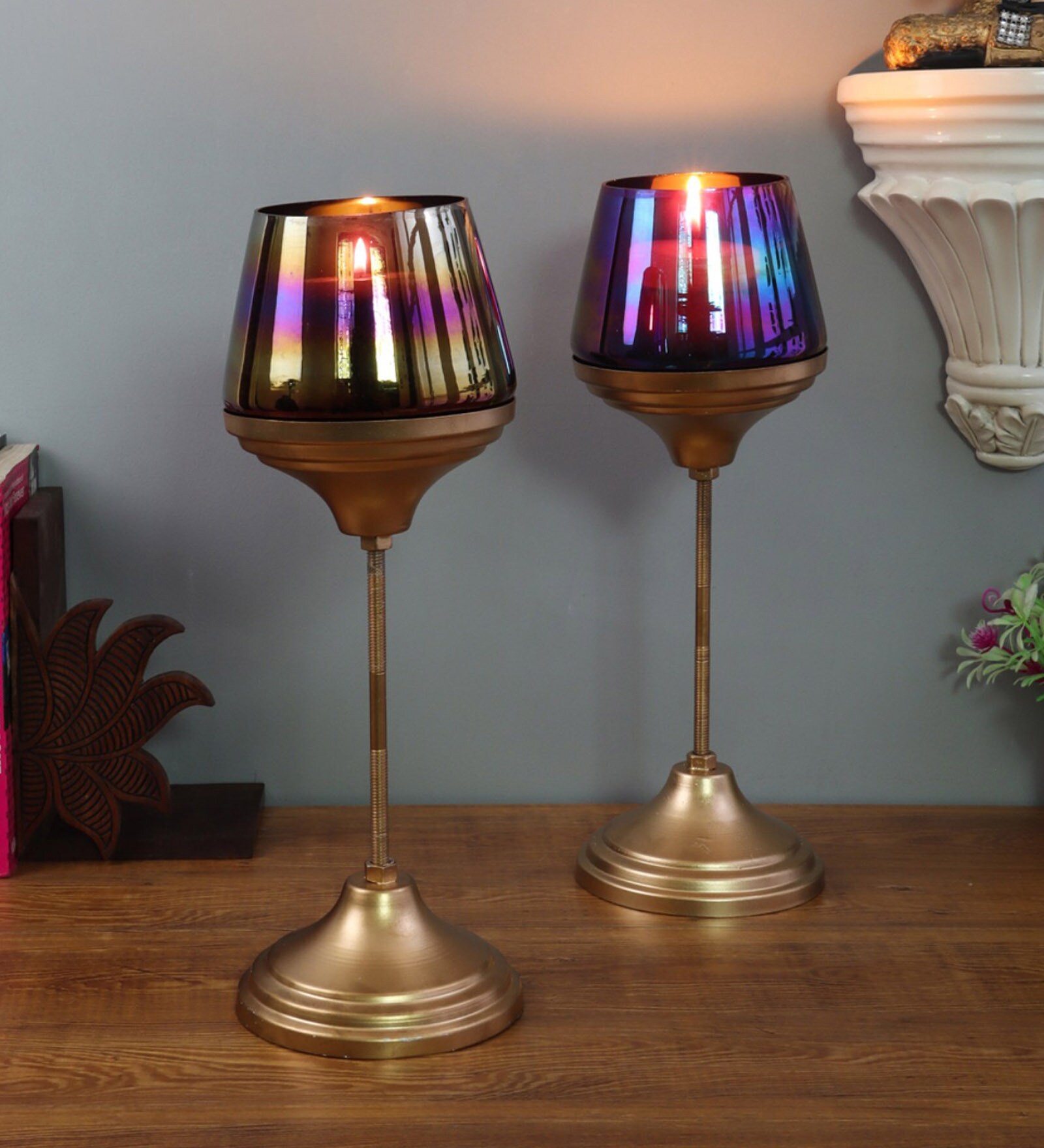 Black Glass Stand Tealight Holder Set of 2