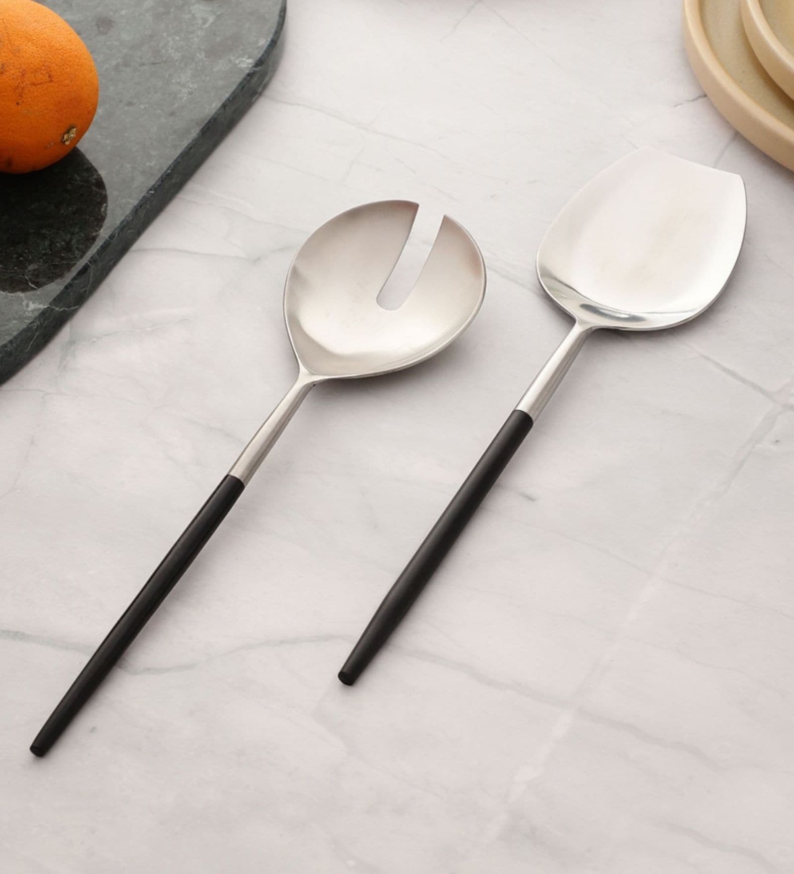 Black Handled Matt Finish Stainless Steel Serving Spoons Set of Two