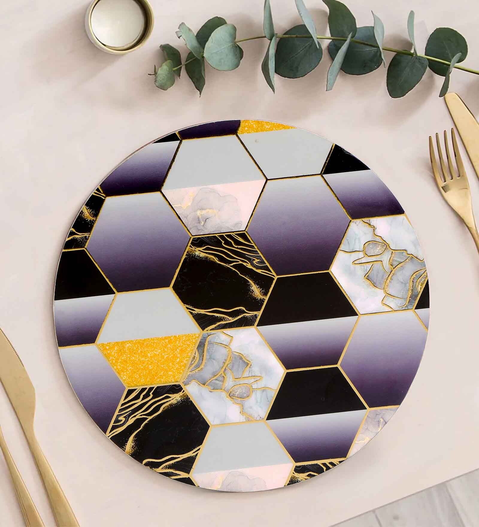 Black Hexagon  Multicolor (9" Dia) MDF Wood 1Pc Trivets