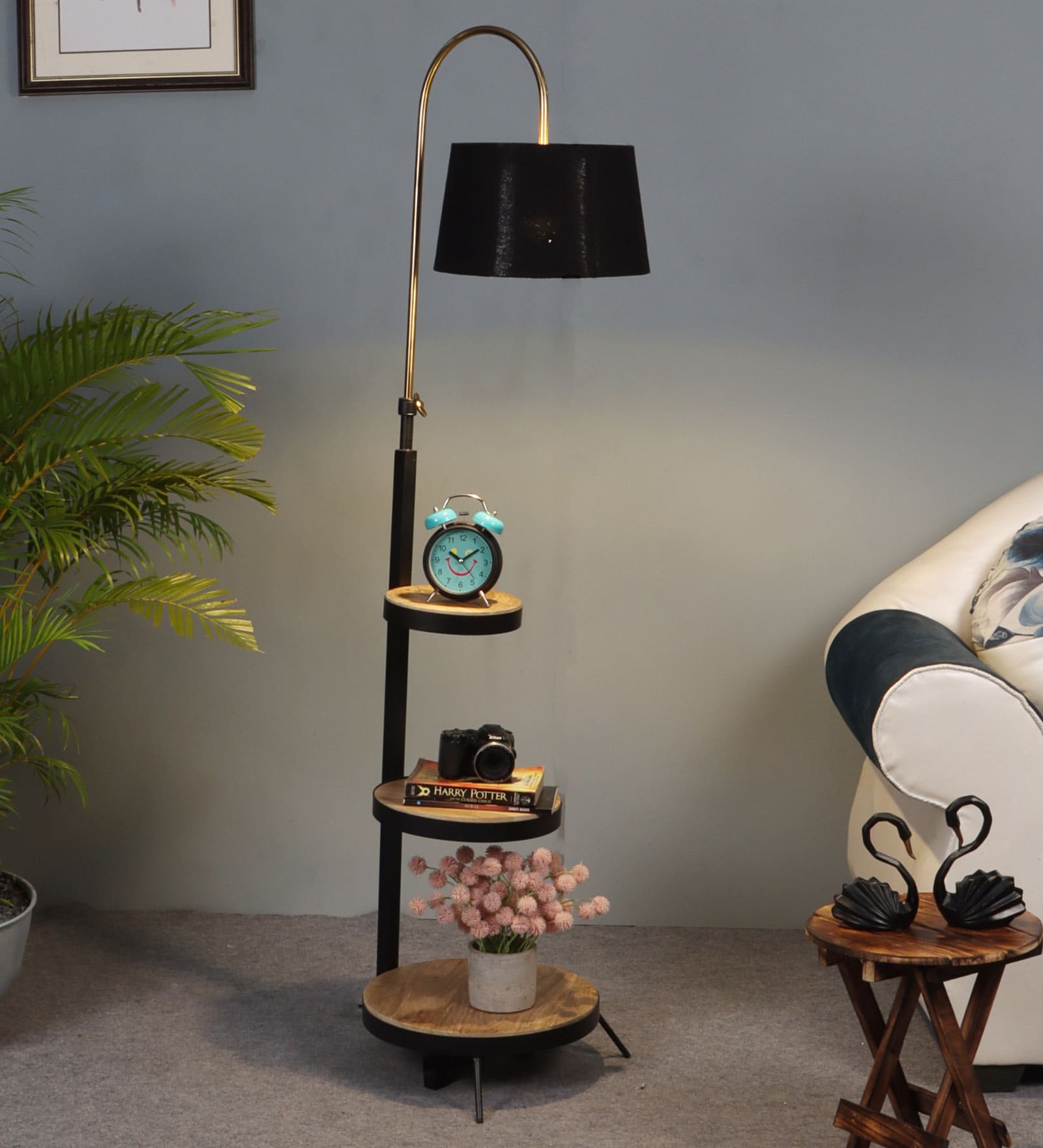 Unica Black Cloth Shade Shelf Floor Lamp With Wood & Iron Base