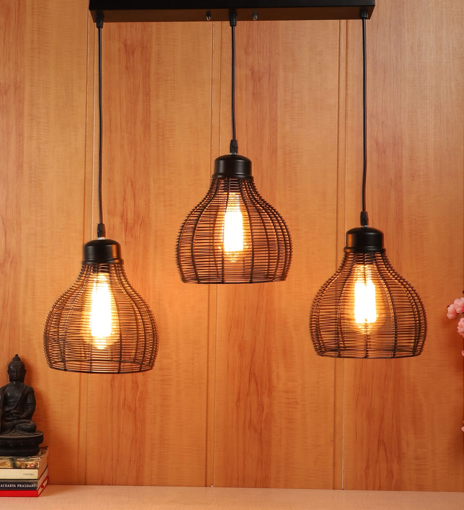 Mid-Century Black Iron Cluster Hanging Light