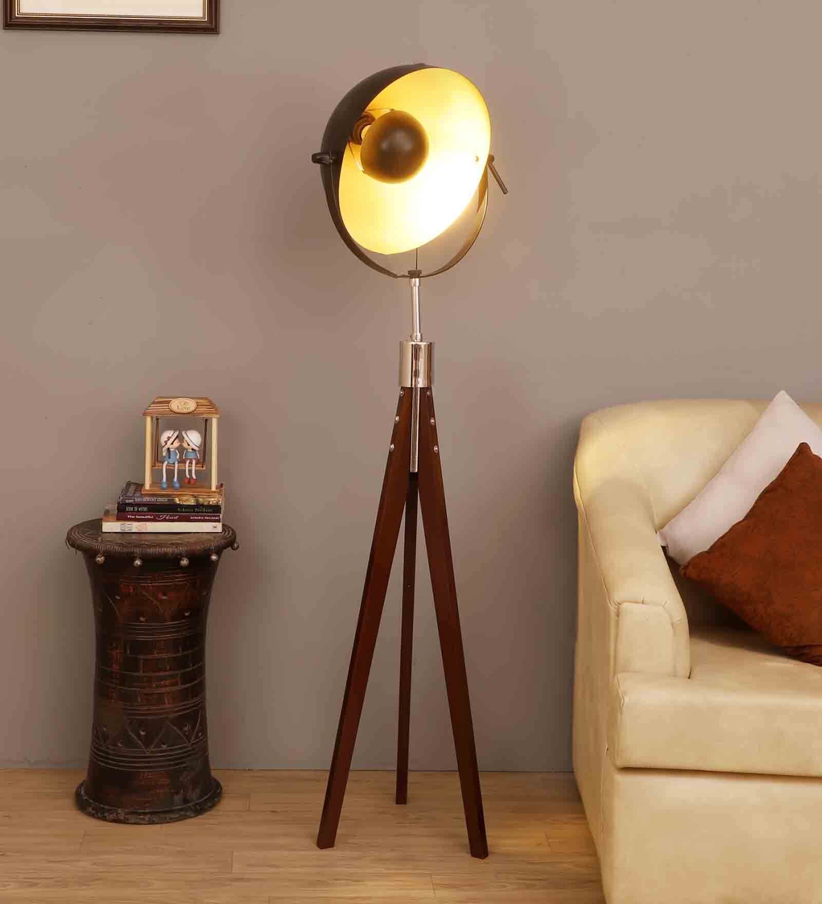 Black Iron Shade  Floor Lamp With Walnut Base
