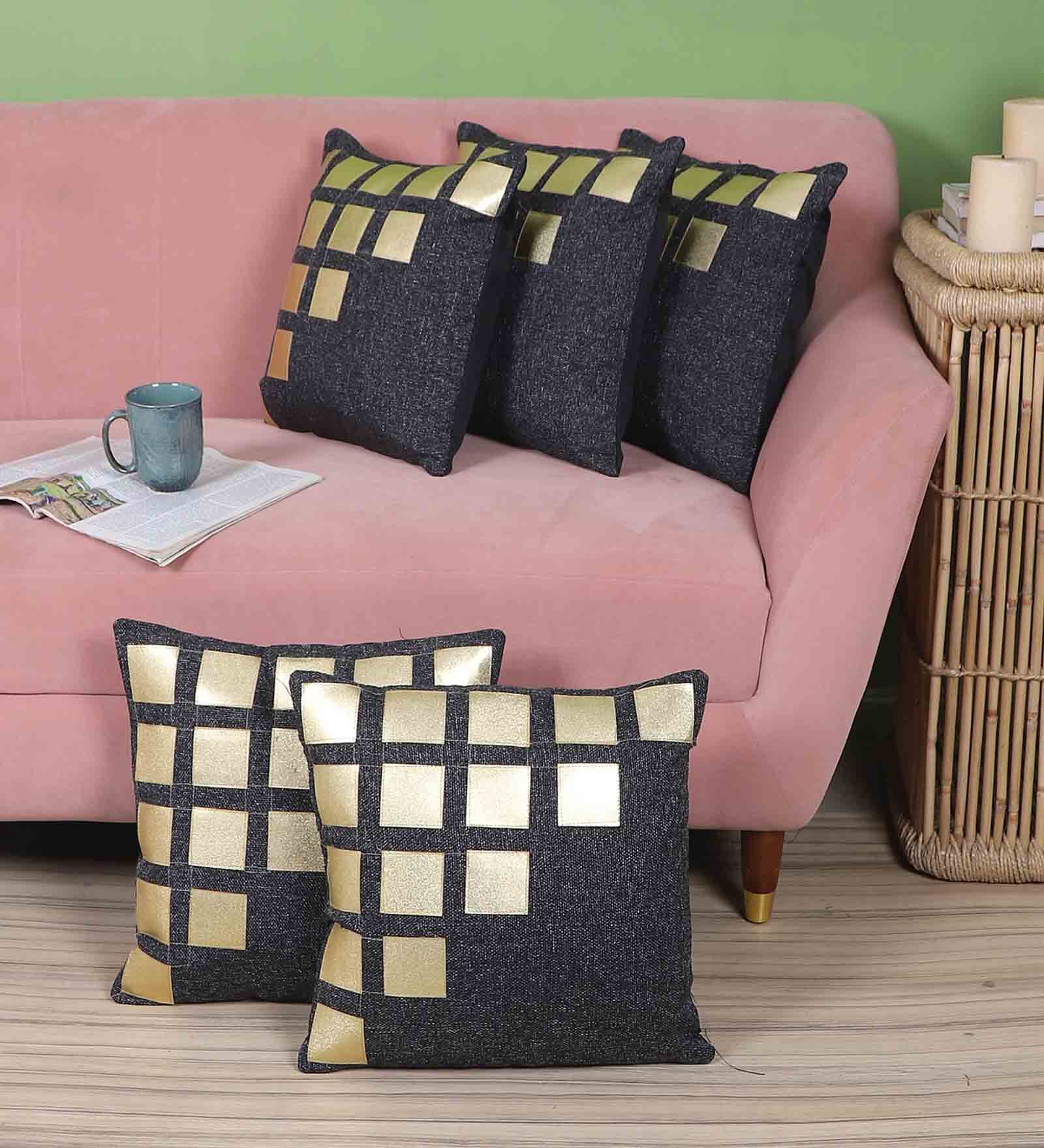 Buy Black Geometric Jute 16 x 16 Inches Cushion Covers (Set of 5) by
