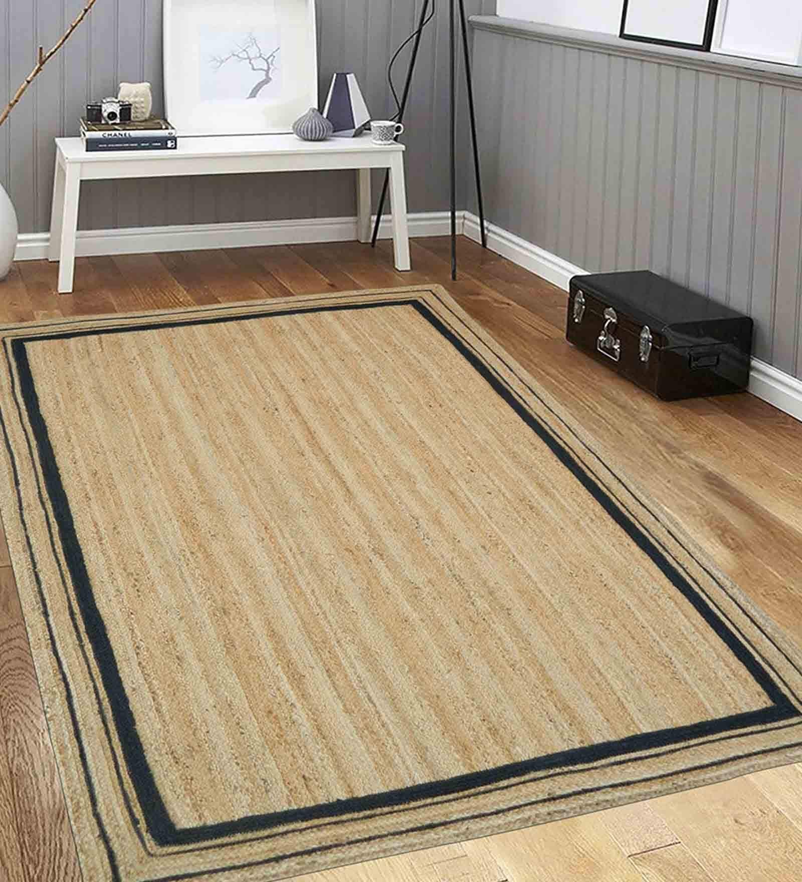 Black Striped Jute 5 ft x 7 ft Hand Woven Carpet