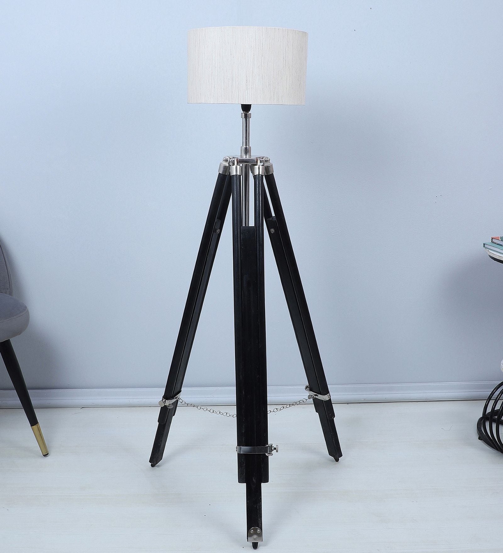 Black Mango Wood Base Floor Lamps Maze Print Satin Shade