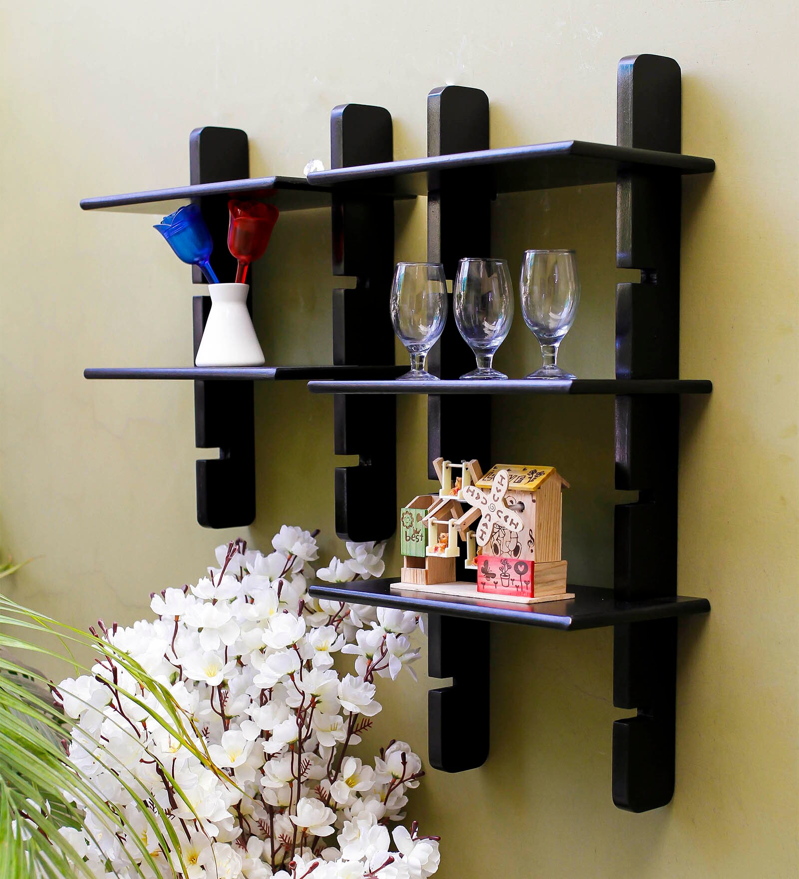Buy Engineered Wood Ladder Floating Wall Shelf in Black Colour by