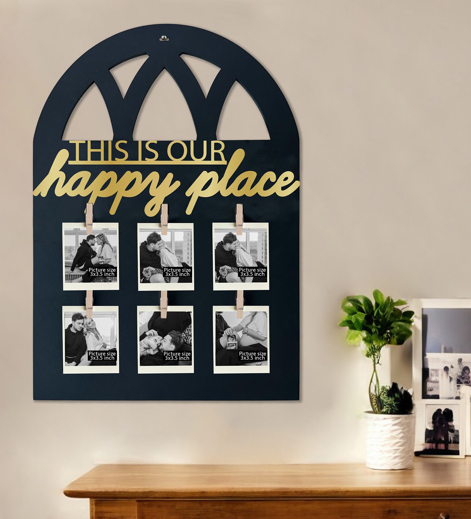 Black MDF Frame with Window Style with Golden Acrylic This is our Happy Place Plaque.