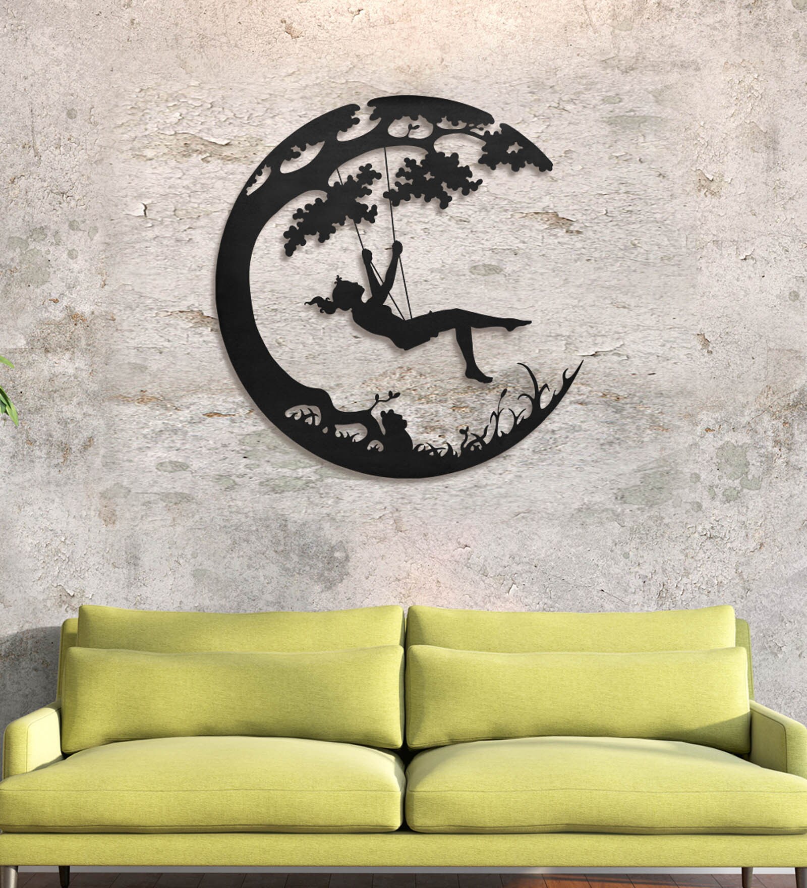 Black MDF Girls Swinging Under The Tree Wall Art Pane