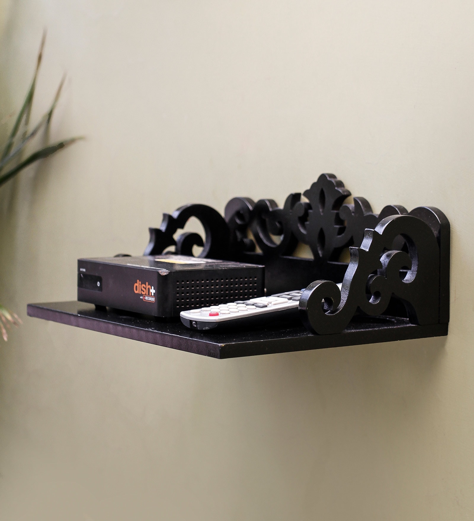 Engineered Wood Carved Wall Mounted Set Top Box Holder in Black Colour