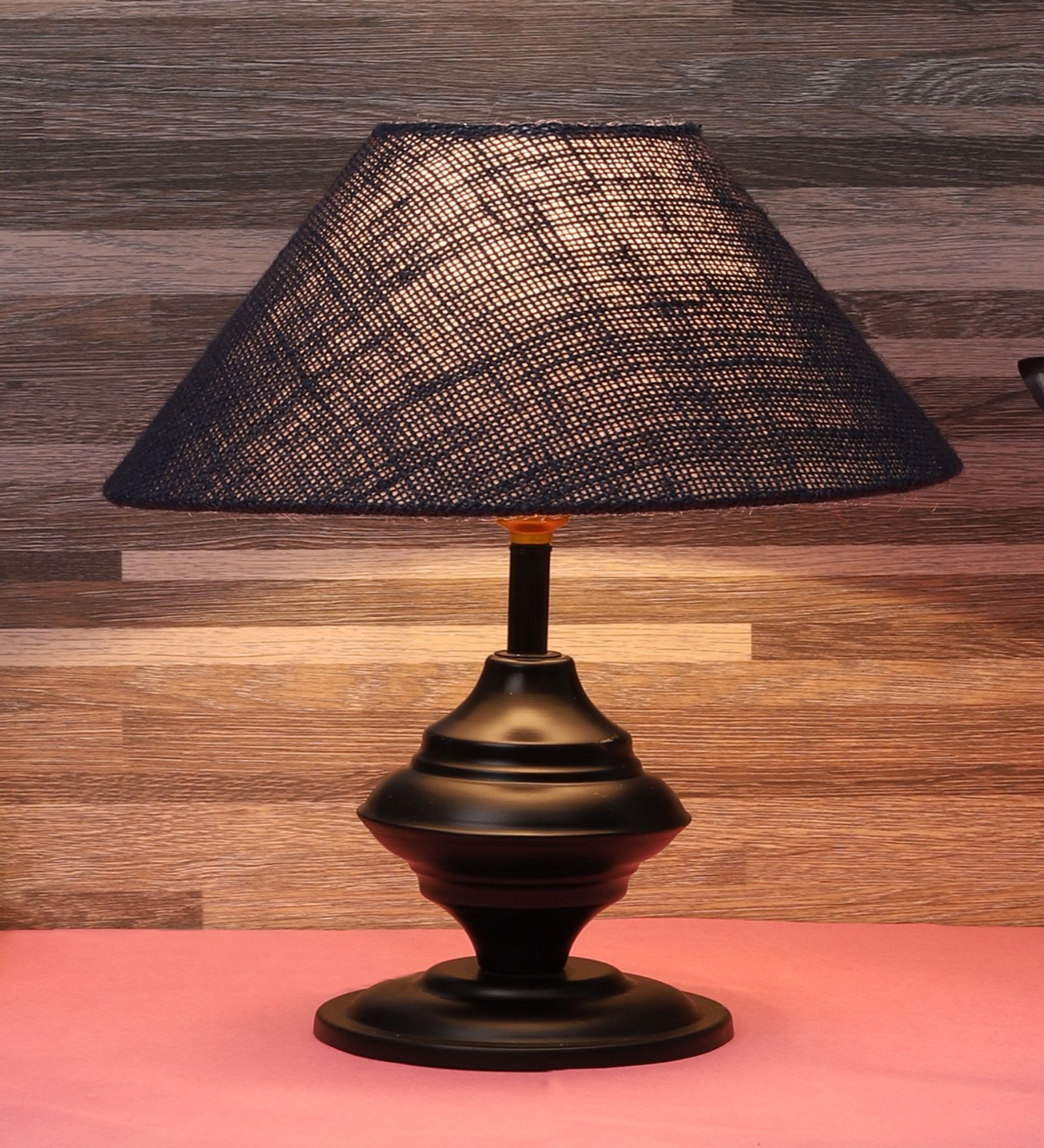 Black Metal & Natural Fiber Blue Colour Table Lamp