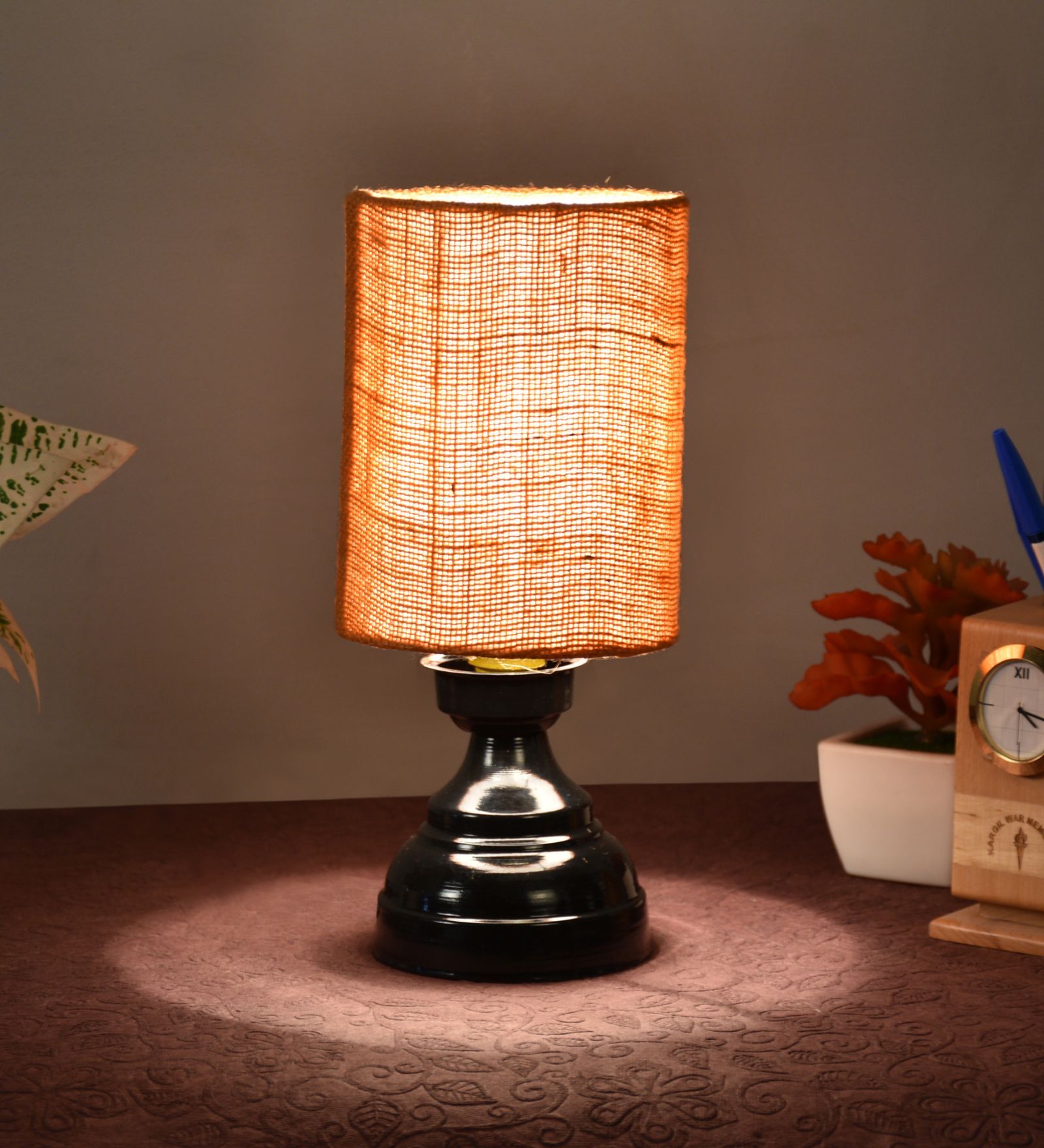 Black Metal & Natural Fiber Mustard Colour Table Lamp