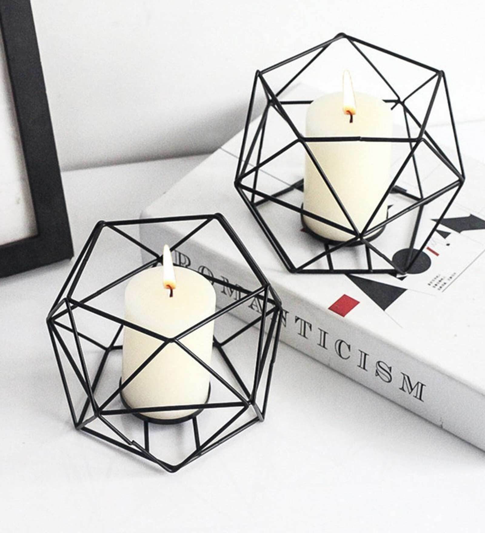 Black Geometric Set Of 2 Iron Candle Holder