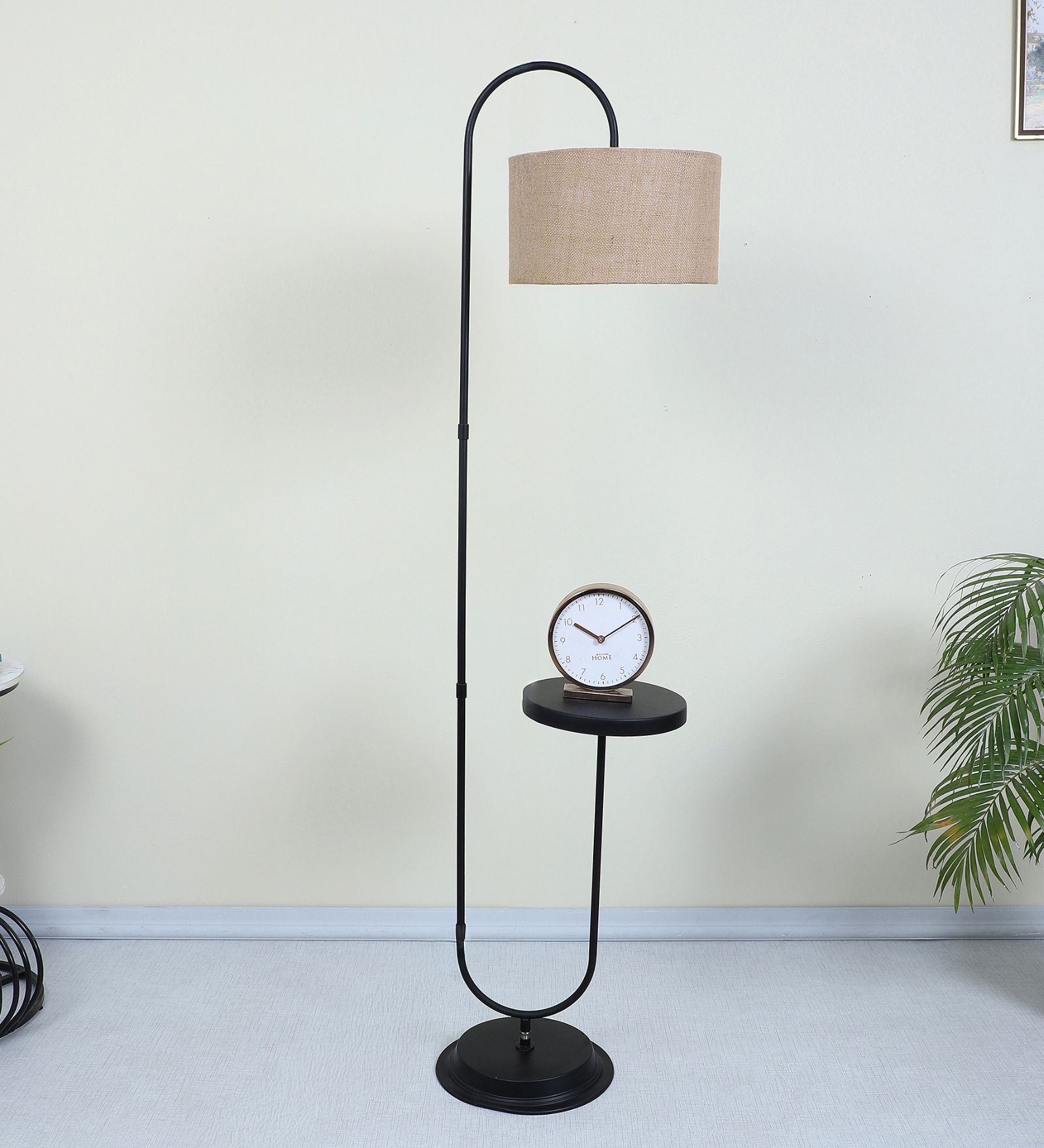 Black Metal-Iron Base Foldable Downlighter Floor Lamps Beigh Jute Shade  With Height