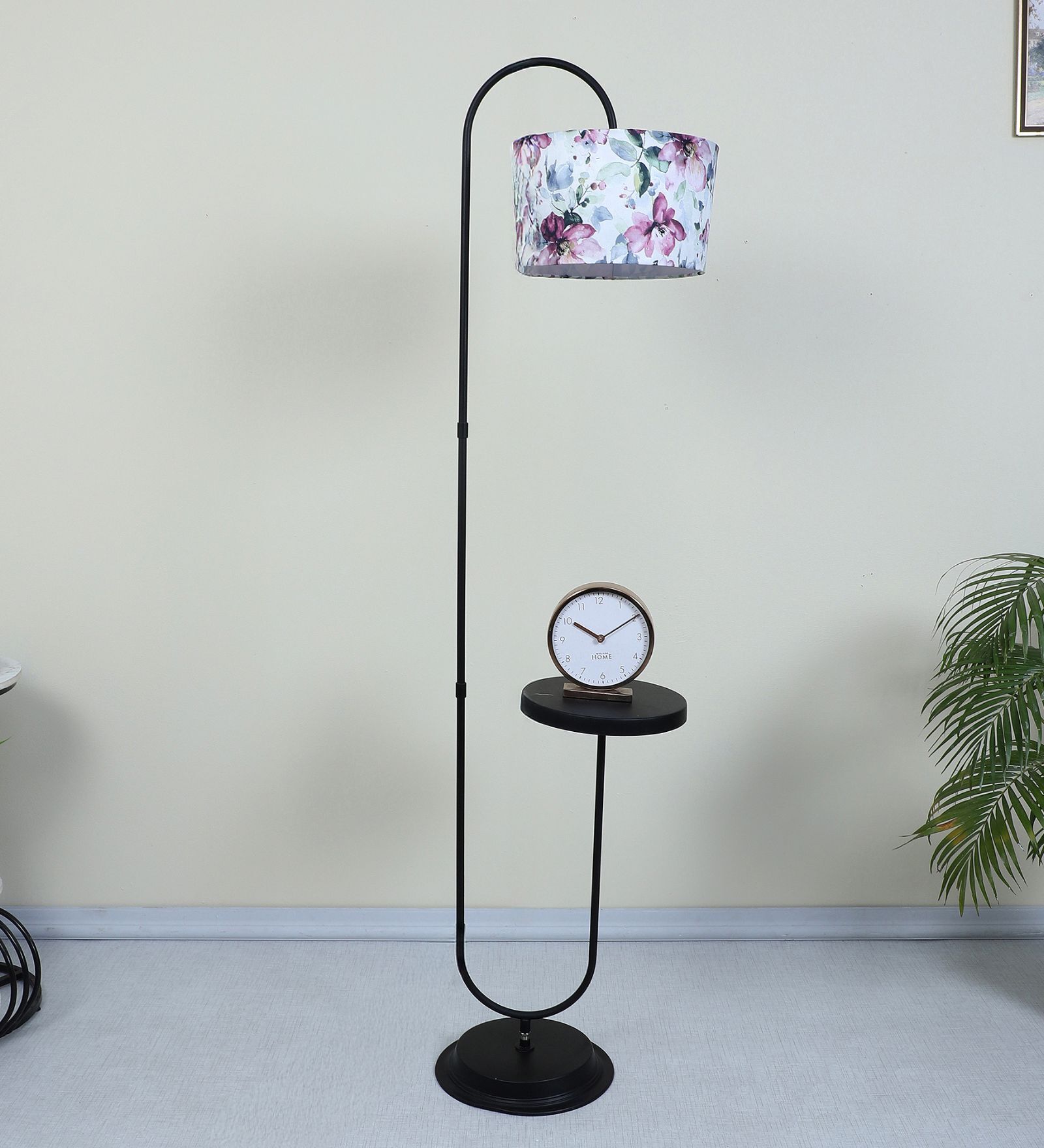 Black Metal-Iron Base Foldable Downlighter Floor Lamps Cobra Saffron Print Satin Shade  With Height