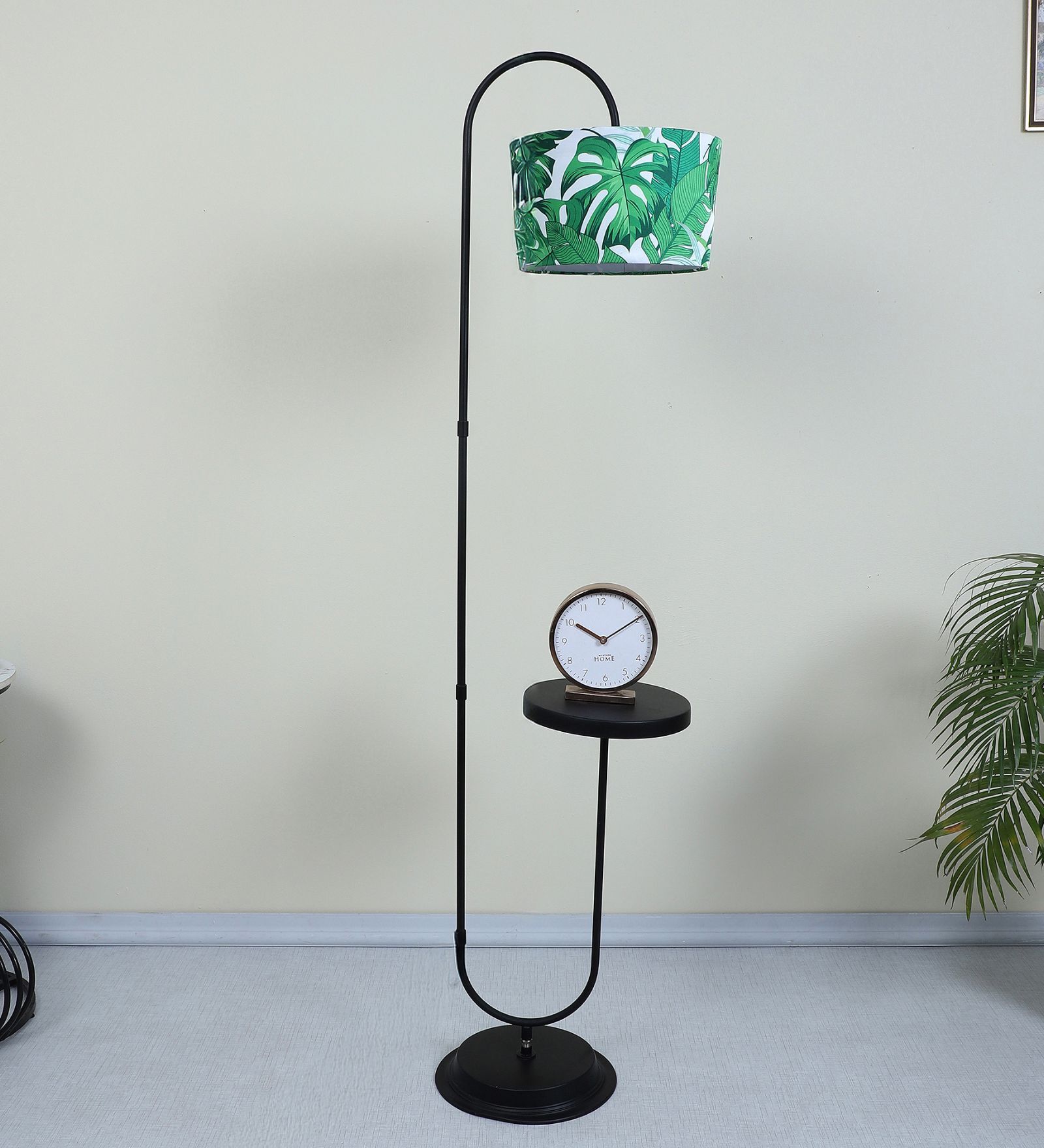 Black Metal-Iron Base Foldable Downlighter Floor Lamps Palm Print Satin Shade  With Height