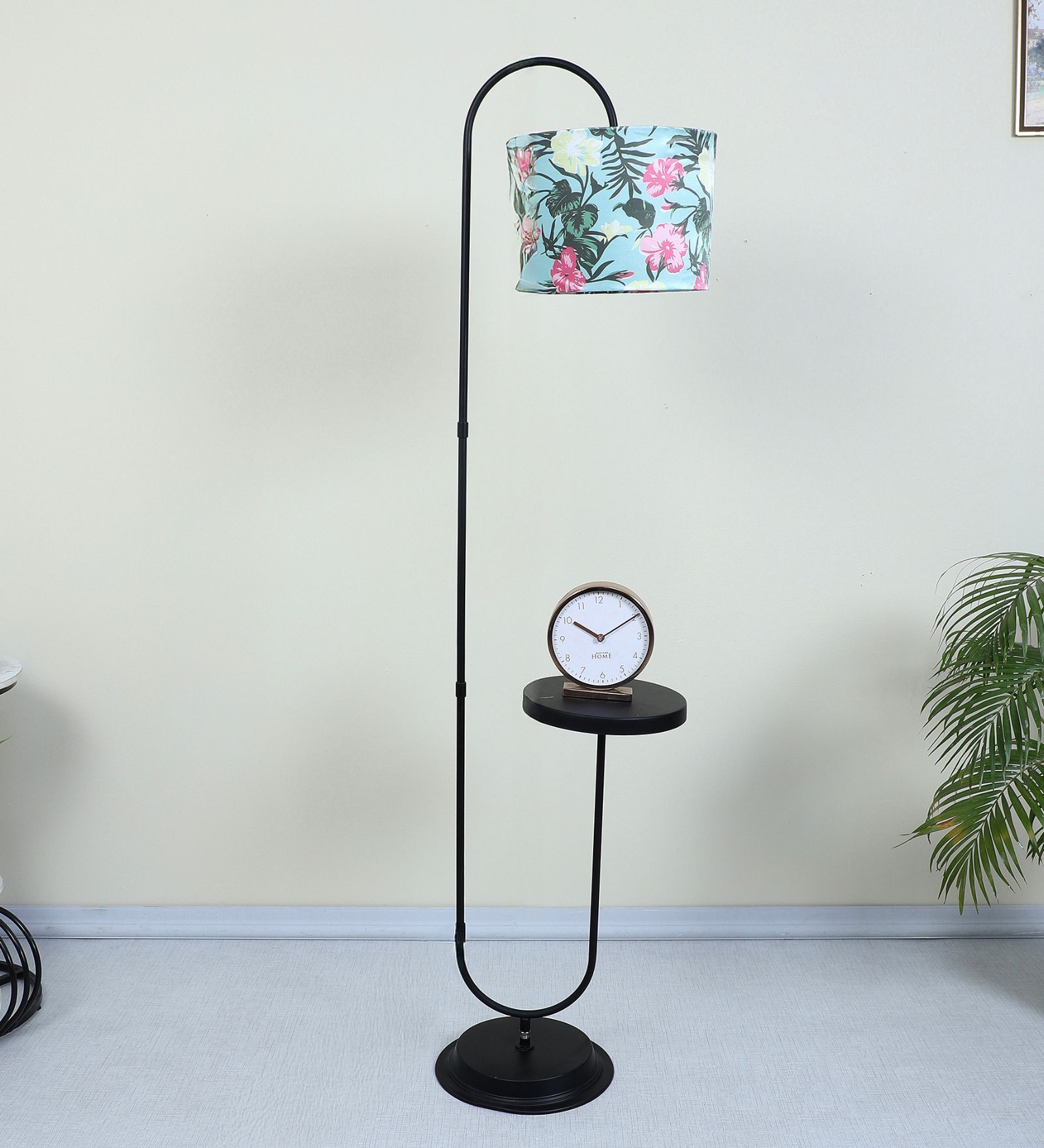 Black Metal-Iron Base Foldable Downlighter Floor Lamps Tropical Print Satin Shade  With Height