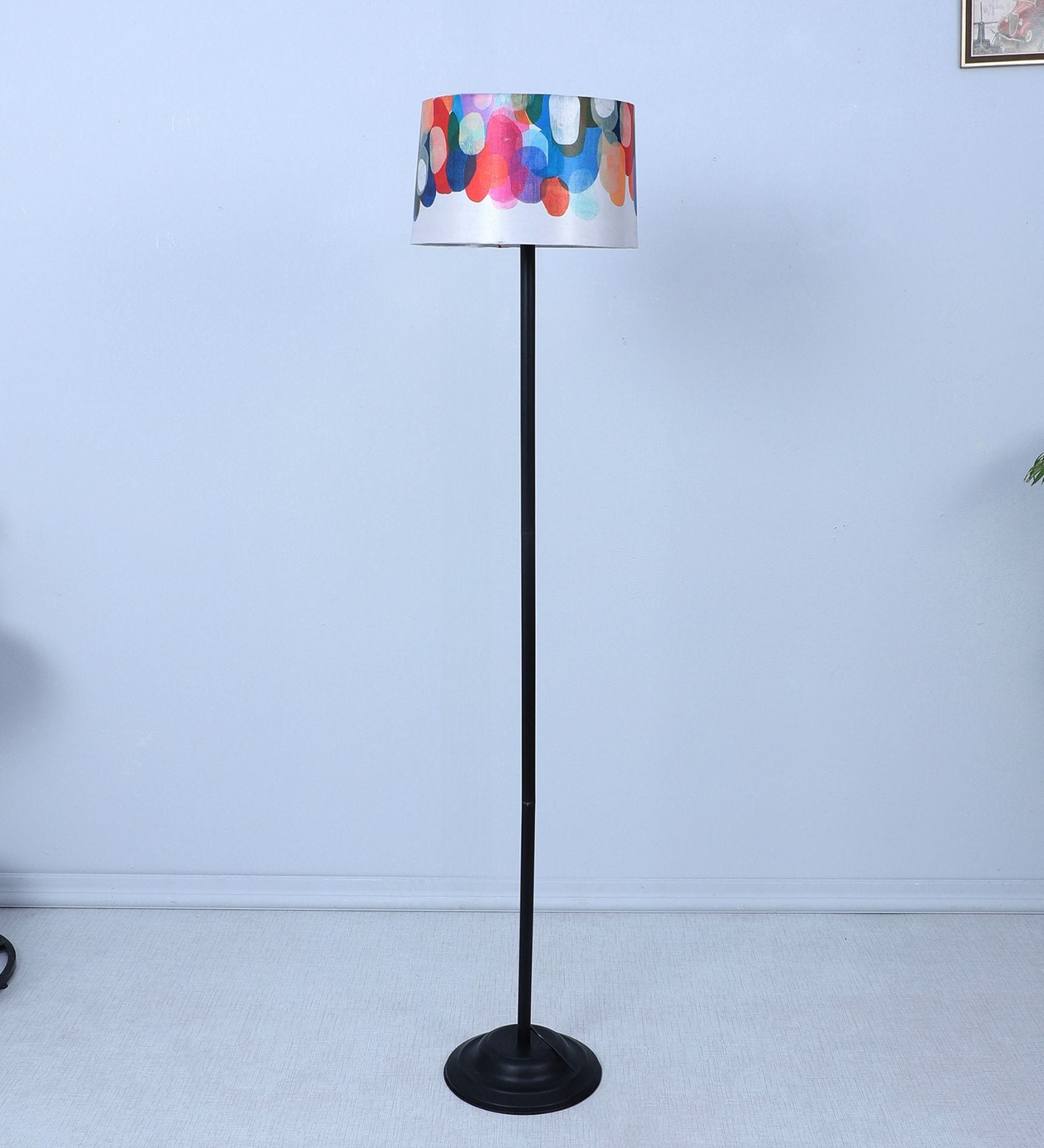 Black Metal-Iron Base Foldable Floor Lamps Abstract Print Satin Shade