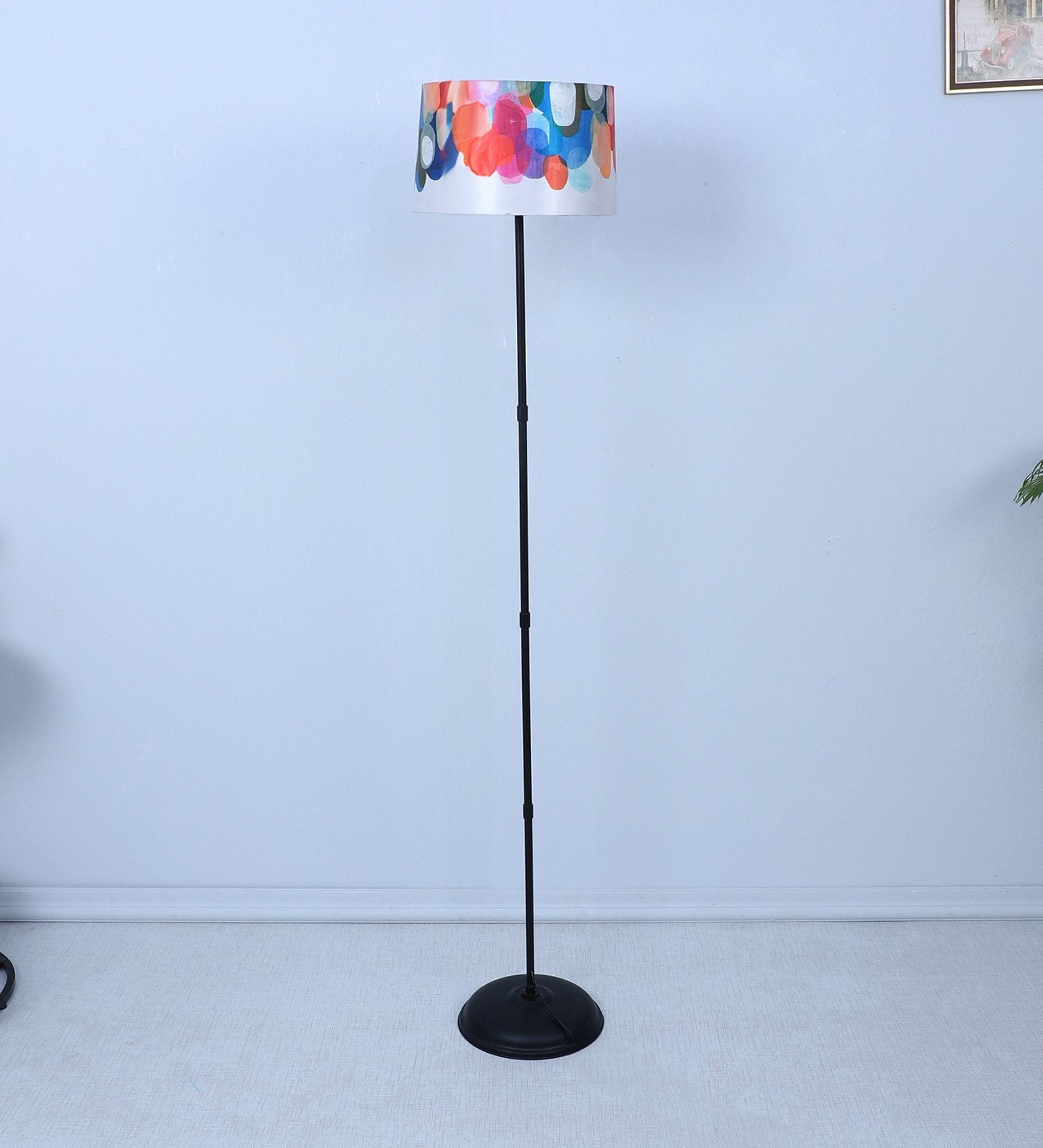 Black Metal-Iron Base Foldable Floor Lamps Abstract Print Satin Shade