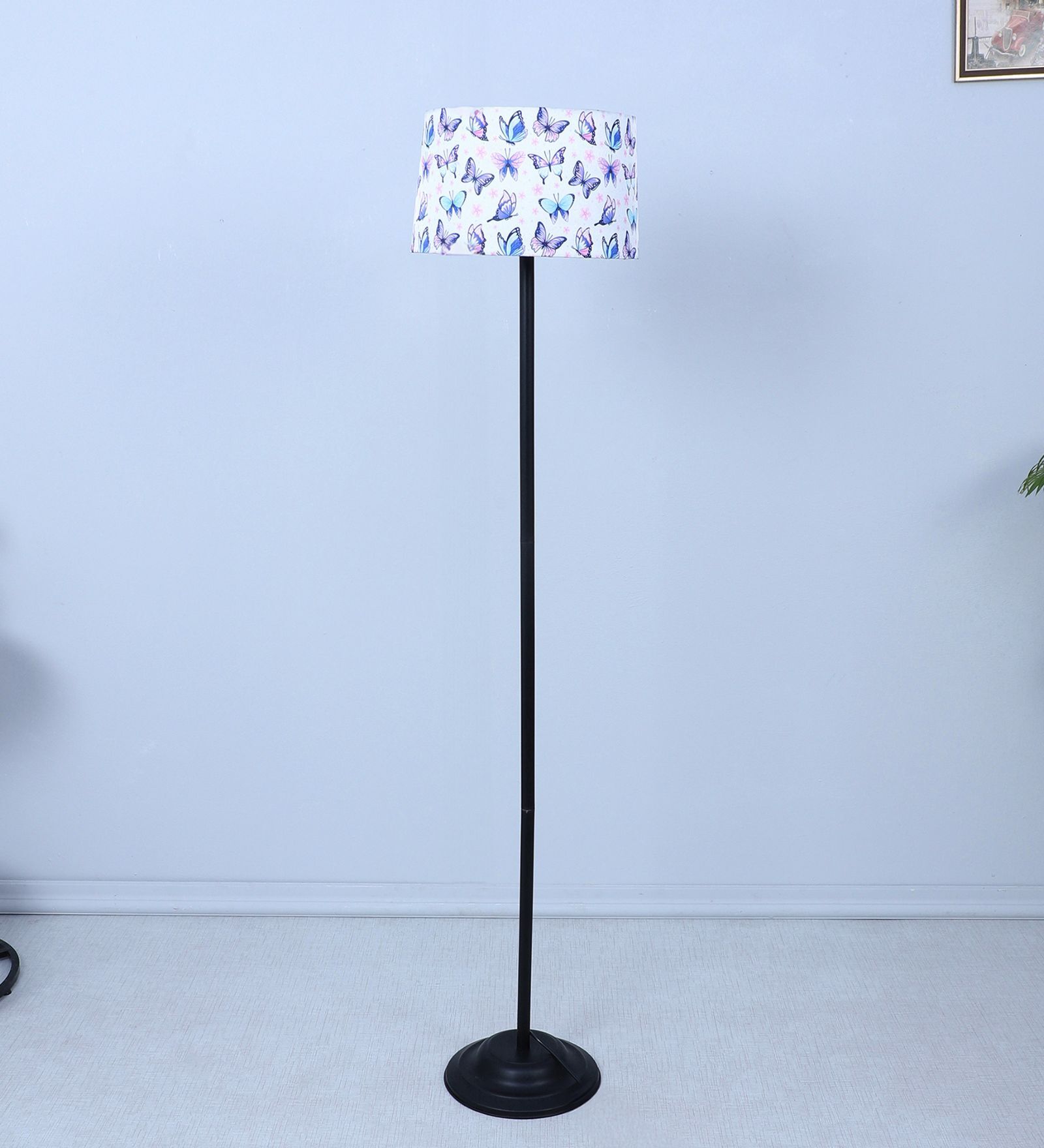 Black Metal-Iron Base Foldable Floor Lamps Butterfly Print Satin Shade