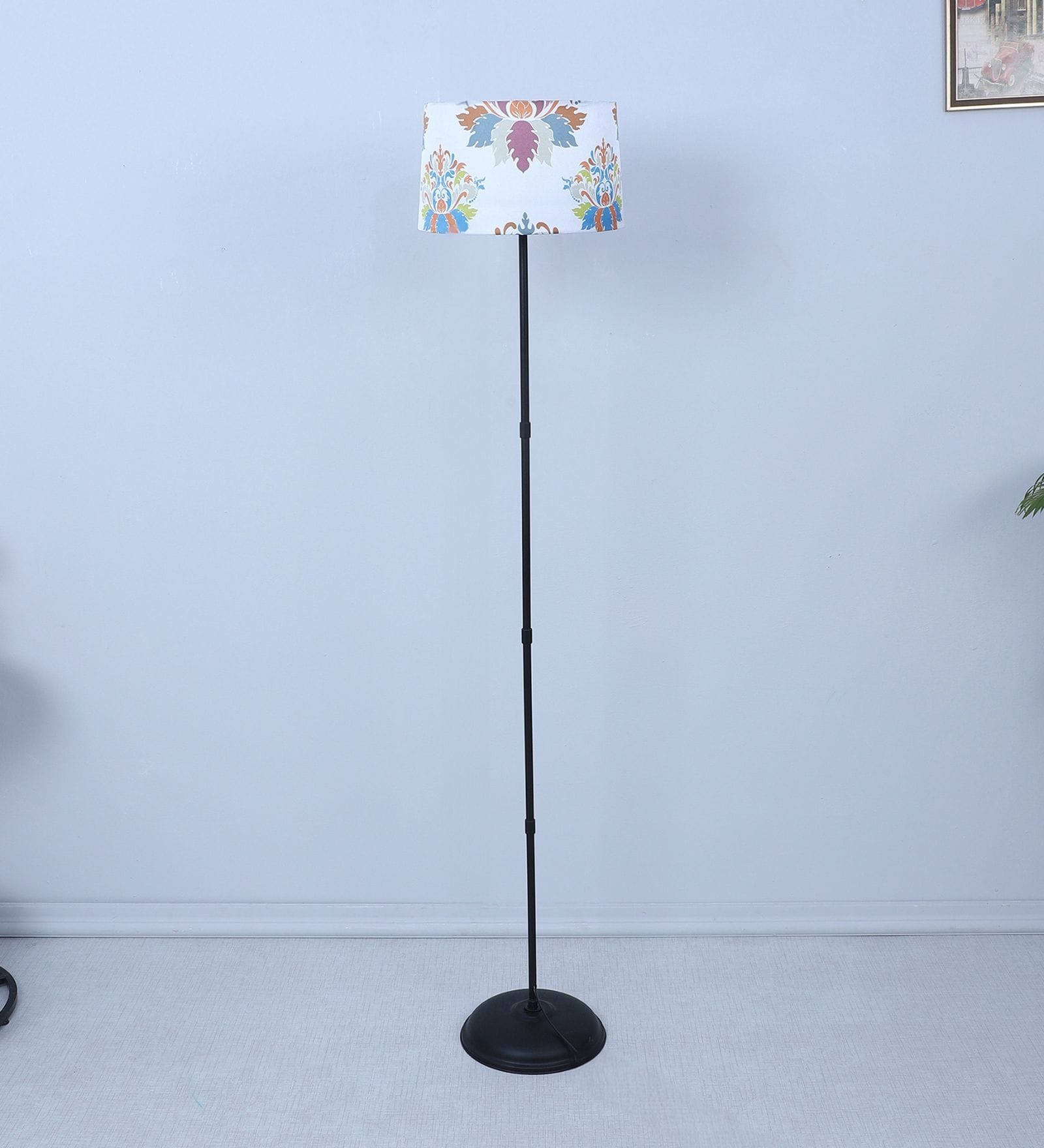 Black Metal-Iron Base Foldable Floor Lamps Carnation Print Satin Shade