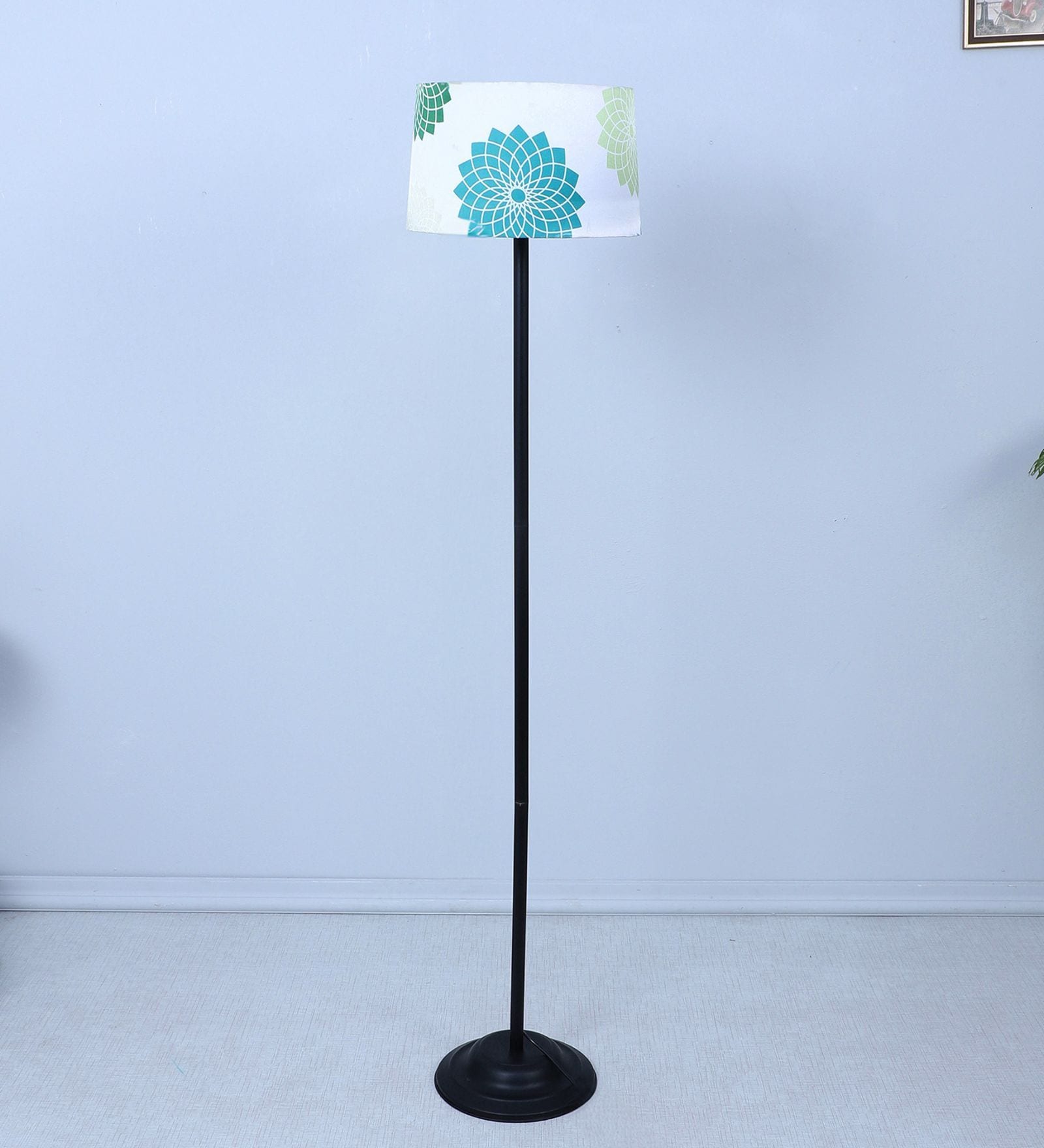 Black Metal-Iron Base Foldable Floor Lamps Dahlia Floral Print Satin Shade