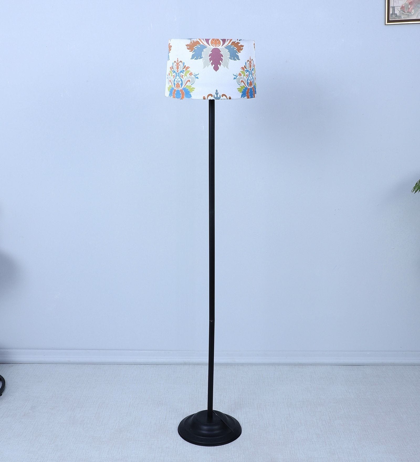 Black Metal-Iron Base Foldable Floor Lamps English Oak Print Satin Shade