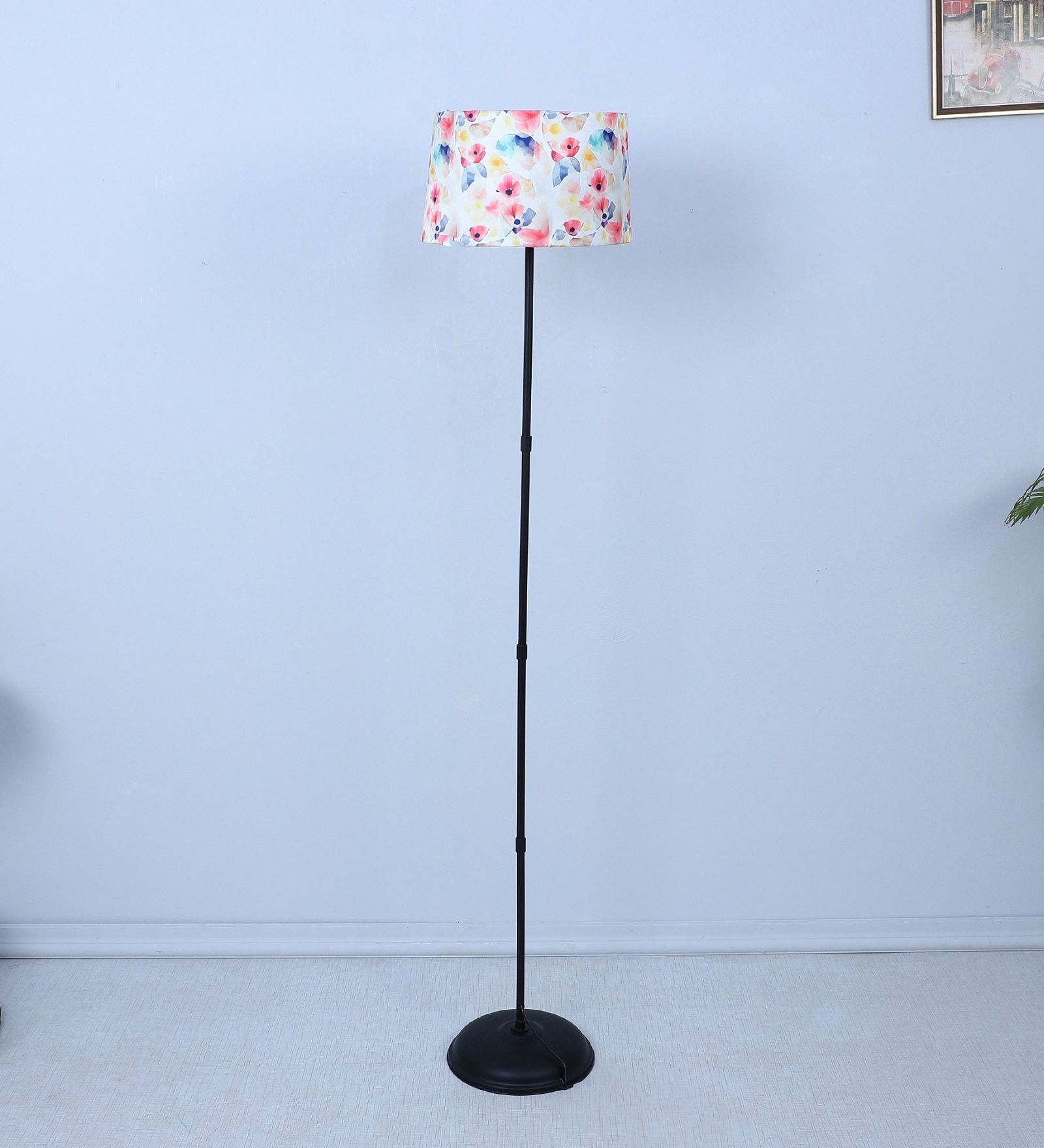 Black Metal-Iron Base Foldable Floor Lamps Floral Print Satin Shade
