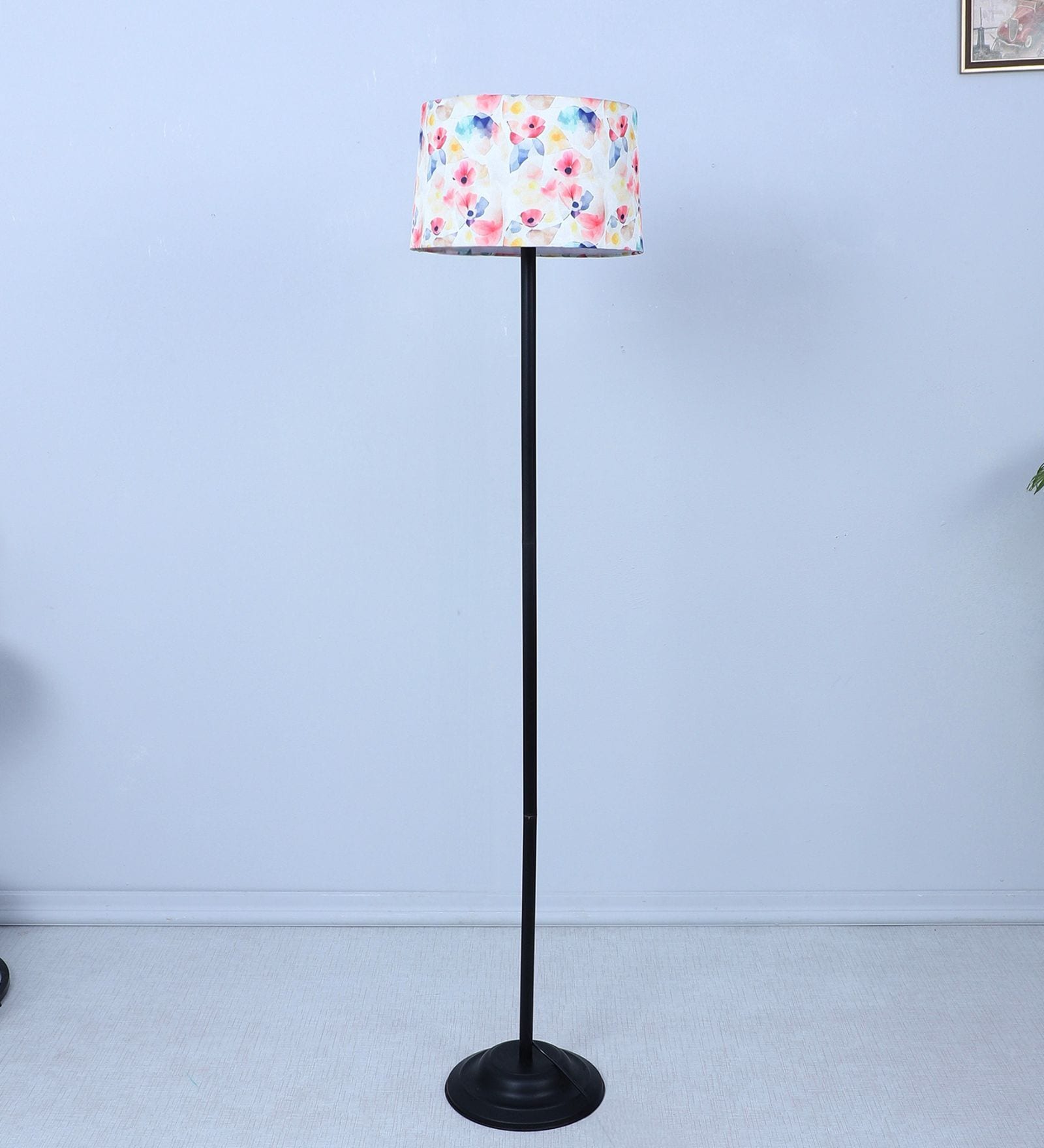 Black Metal-Iron Base Foldable Floor Lamps Flower Print Satin Shade