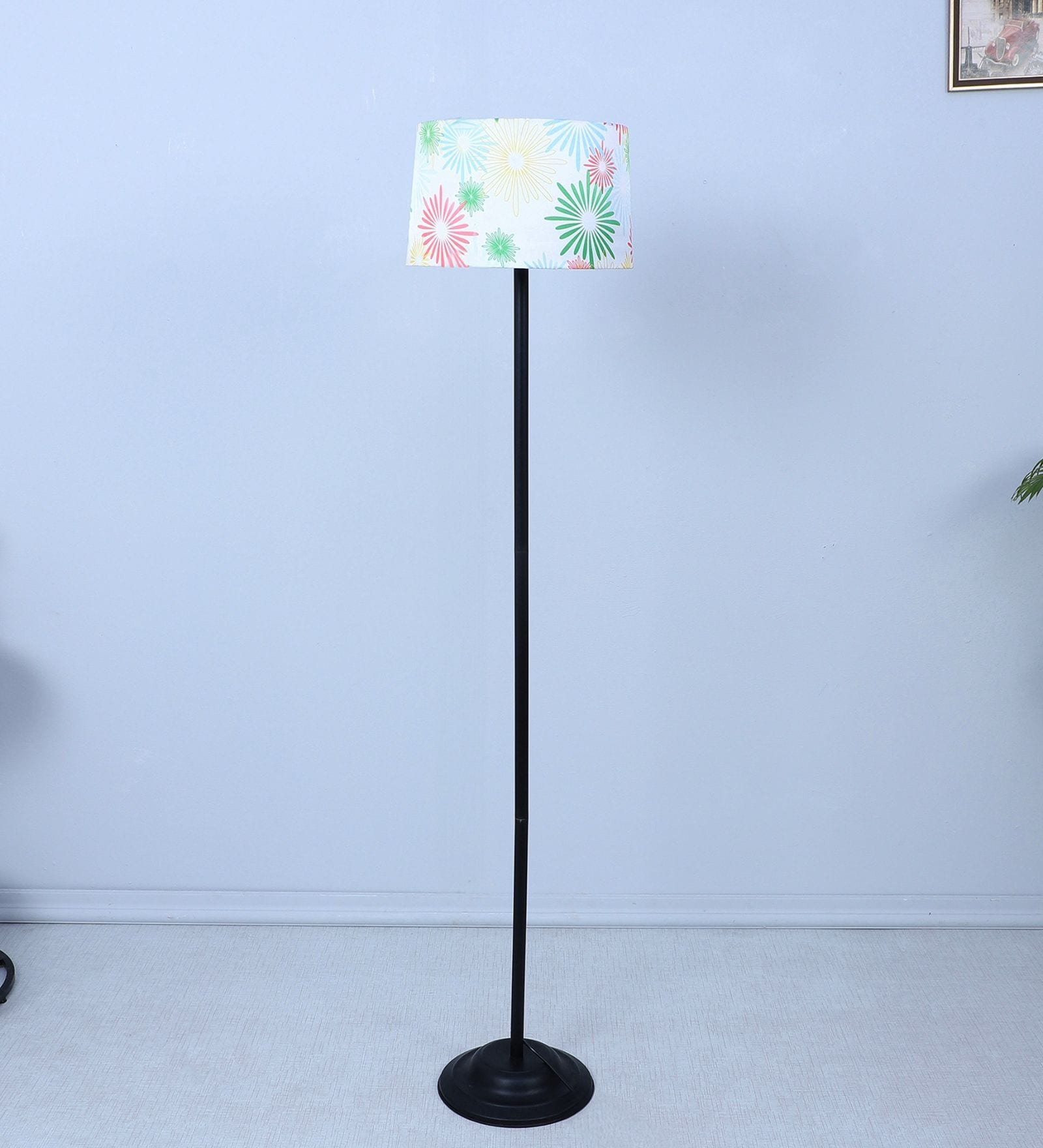 Black Metal-Iron Base Foldable Floor Lamps Flowral Print Satin Shade