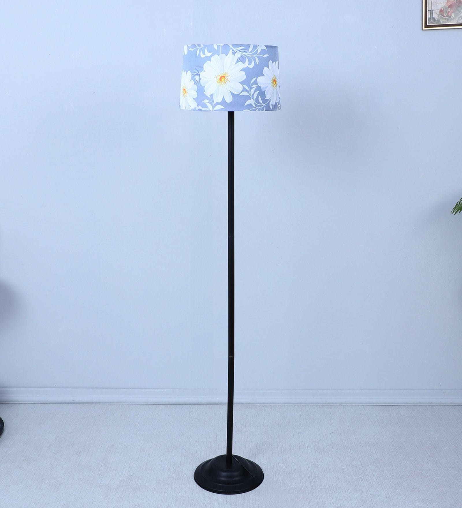 Black Metal-Iron Base Foldable Floor Lamps Narcissue Floral Print Satin Shade