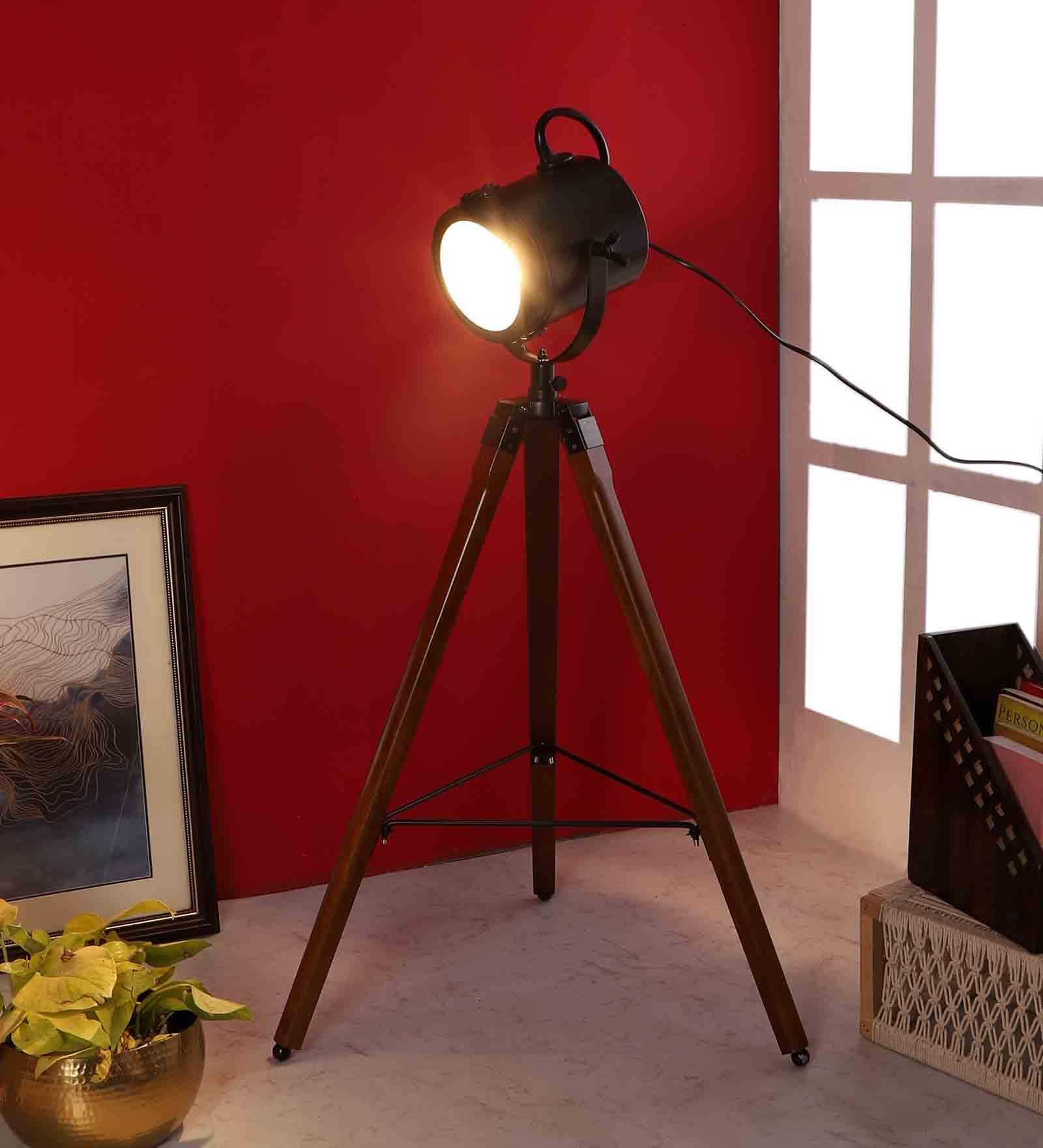 Royal Black Metal Shade Tripod Floor Lamp With Sheesham Wood Base