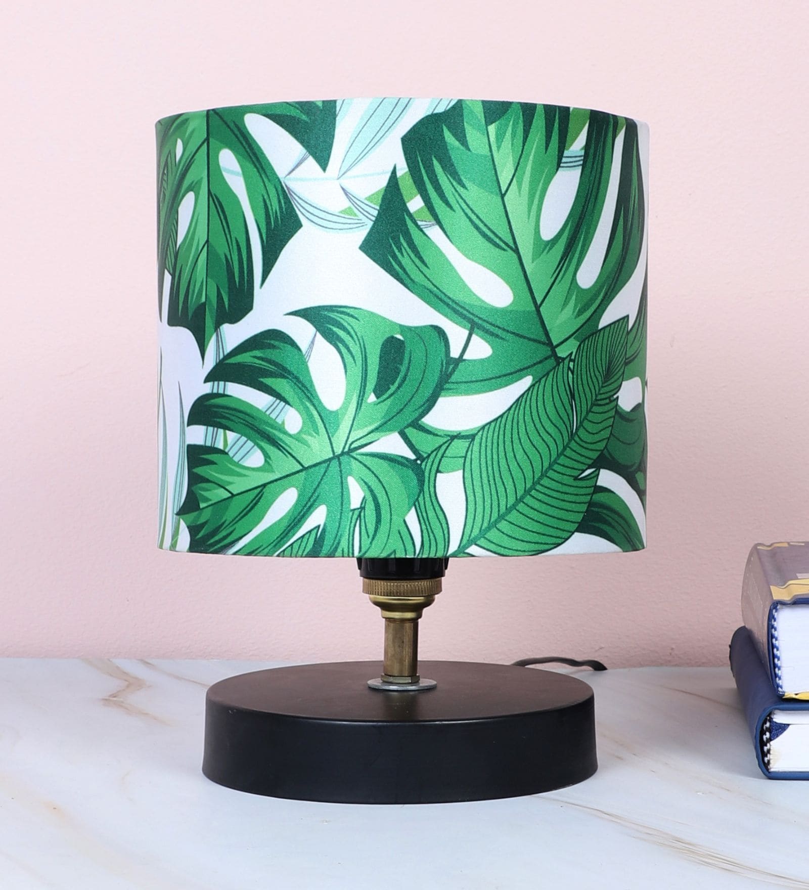 Black Metal Table Lamp With Palm Print Satin Shade