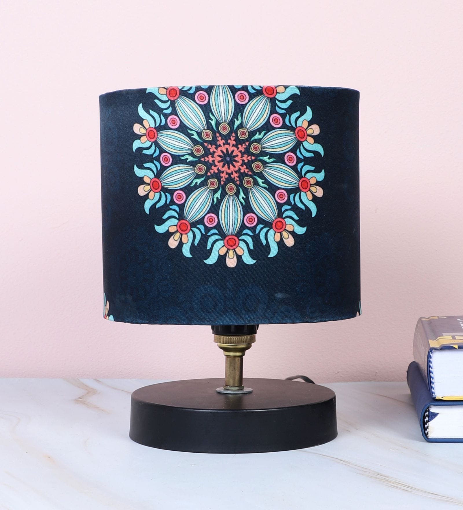 Black Metal Table Lamp With French Floral Print Satin Shade