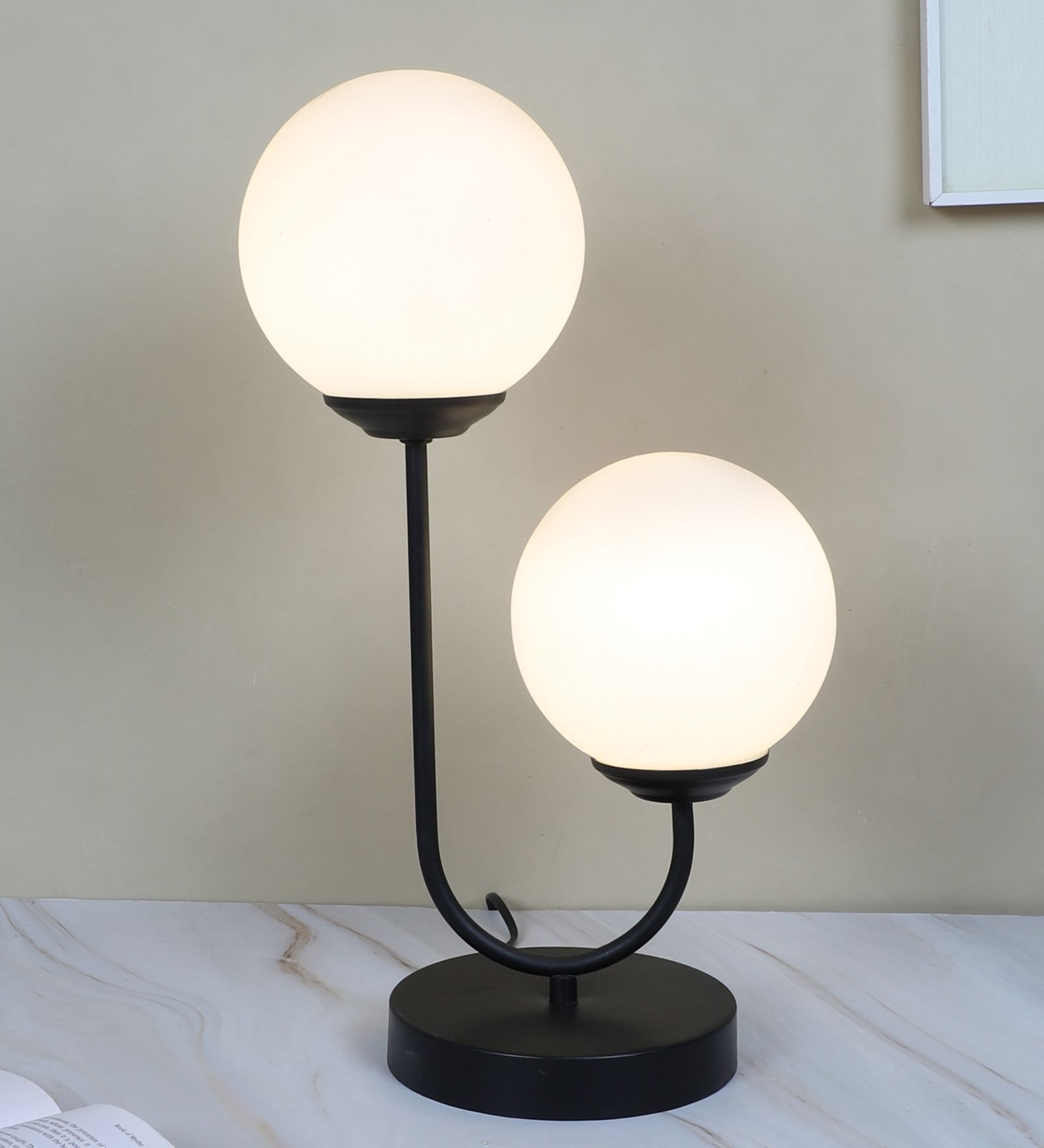 Black Metal Table Lamp With White Glass Shade